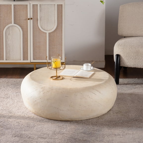 Leumius Mid-Century Round Centre Coffee Table Vintage Faux Stone Sofa Pre-Modern Coffee Tables Beige Coffee Table for Living Room Office Apartment & Outdoor Home Decor