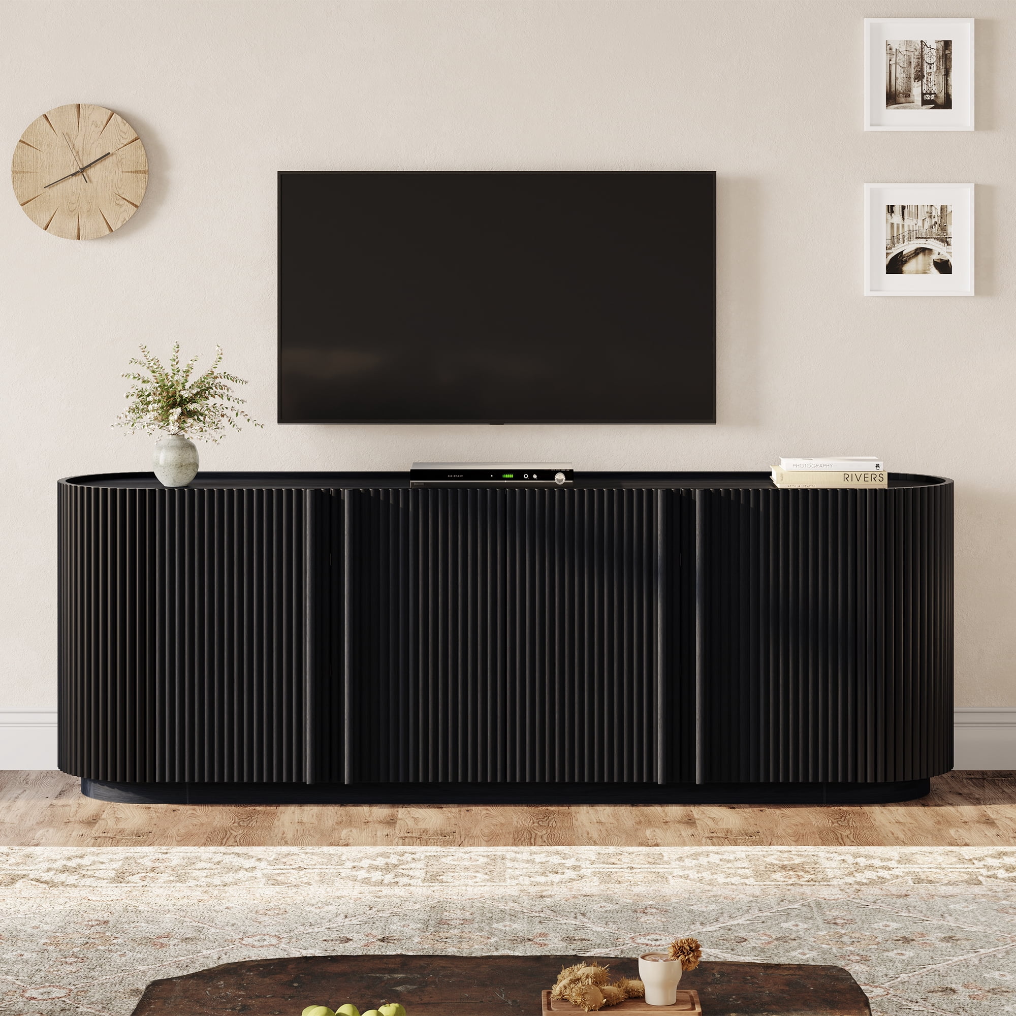 Leumius Mid Century Wood TV Stand with Fluted Tambour-Style Door, Farmhouse Media Console with Adjustable Shelves, Curved Edge TV Cabinet with Cable Management for Living Room, Black