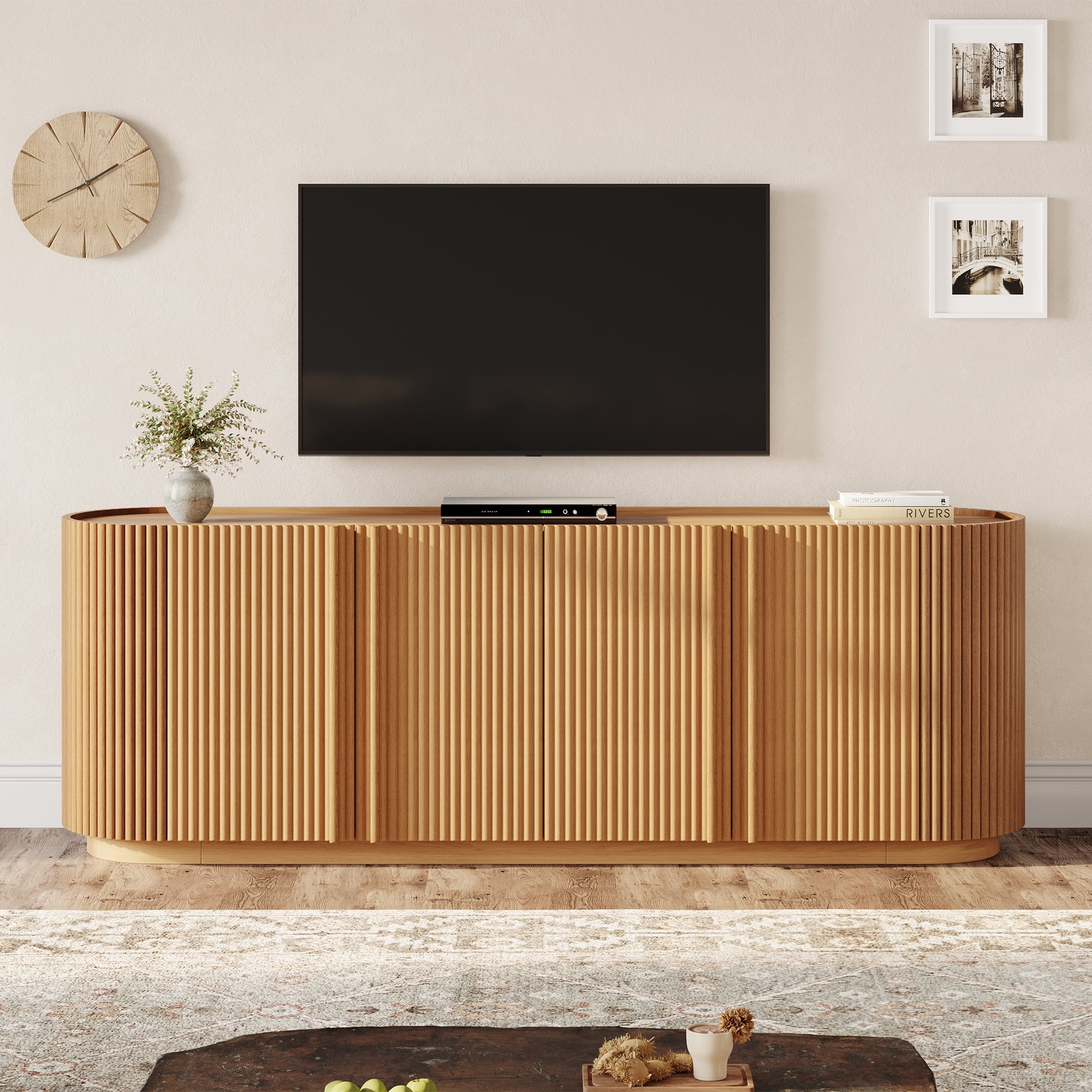 Leumius Mid Century Wood TV Stand with Fluted Tambour-Style Door, Farmhouse Media Console with Adjustable Shelves, Curved Edge TV Cabinet with Cable Management for Living Room, Natural