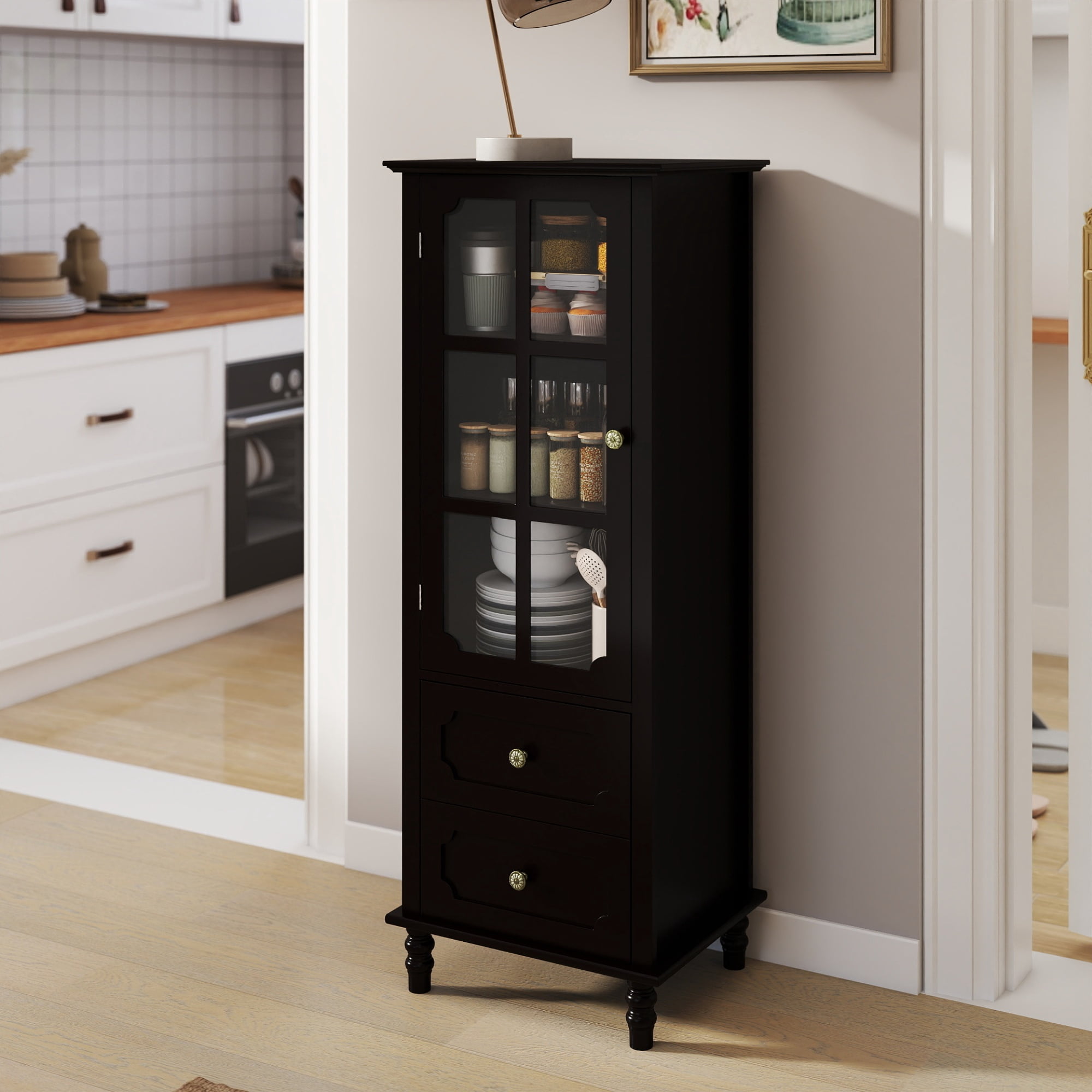 Leumius Minimalism Buffet Cabinet with Glass Doors and Double Drawer, Modern Wooden Storage Sideboard Cupboard for Living room Dining Room Hallway Entryway Black