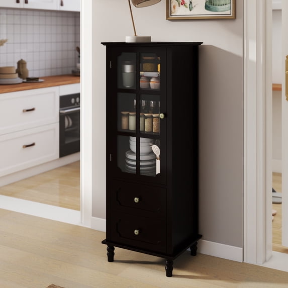 Leumius Minimalism Buffet Cabinet with Glass Doors and Double Drawer, Modern Wooden Storage Sideboard Cupboard for Living room Dining Room Hallway Entryway Black