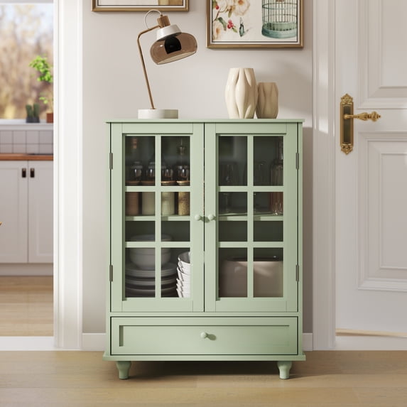 Leumius Minimalist Green Buffet Cabinet with Double Glass Doors and Drawer, Modern Wooden Storage Sideboard Cupboard for Living room Dining Room Hallway Entryway