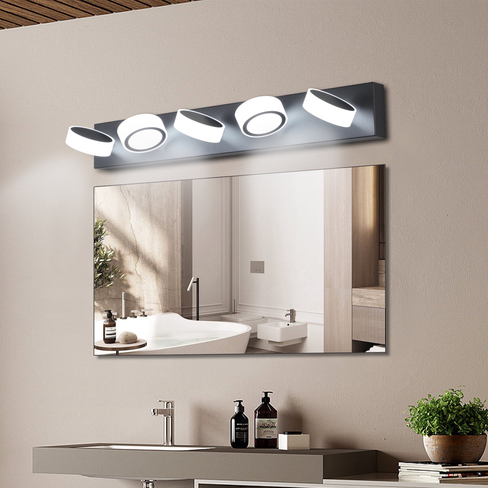 Leumius Modern 5-Light LED Vanity Light Fixture, Black Finish with Acrylic Light Shades, Energy-Efficient Bathroom Wall Sconce, Dimmable for Mirror, Shower and Bathroom Decor