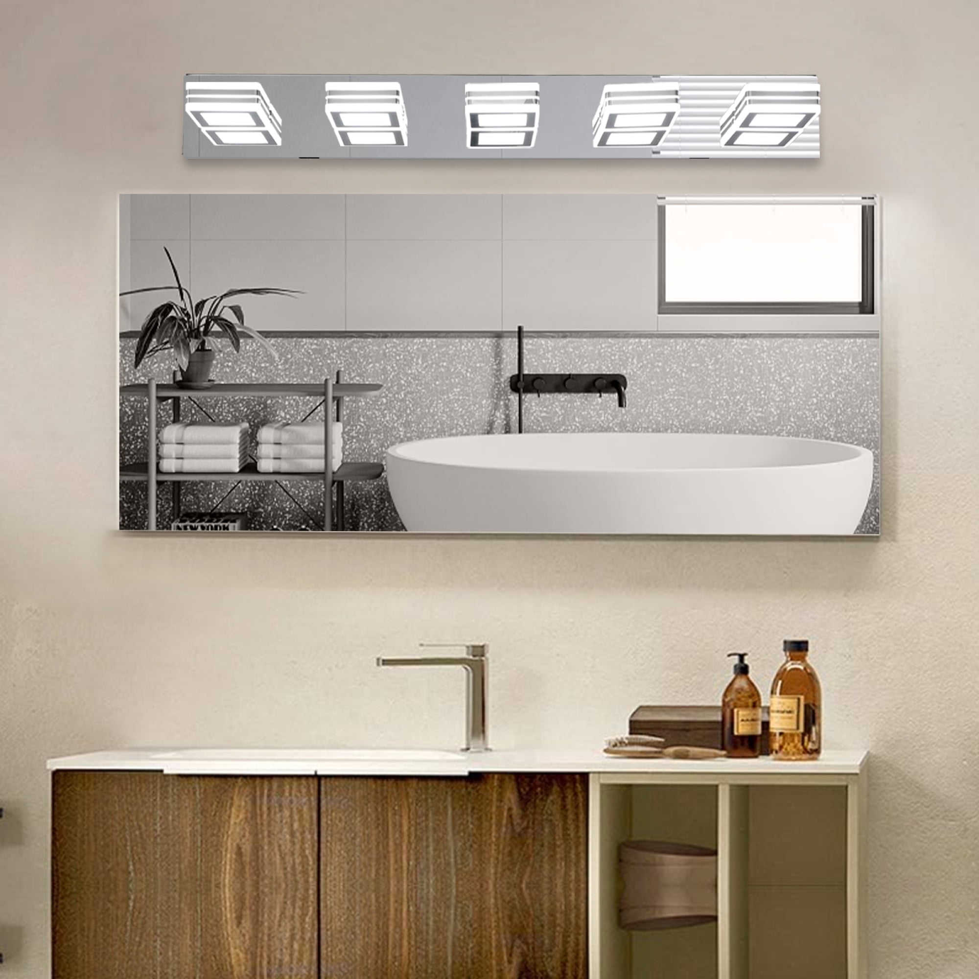 Leumius Modern 5-Light LED Vanity Light, Square Acrylic Lampshades Wall Mount Fixture for Mirror, Bathroom, Bedroom and Hallway Chrome