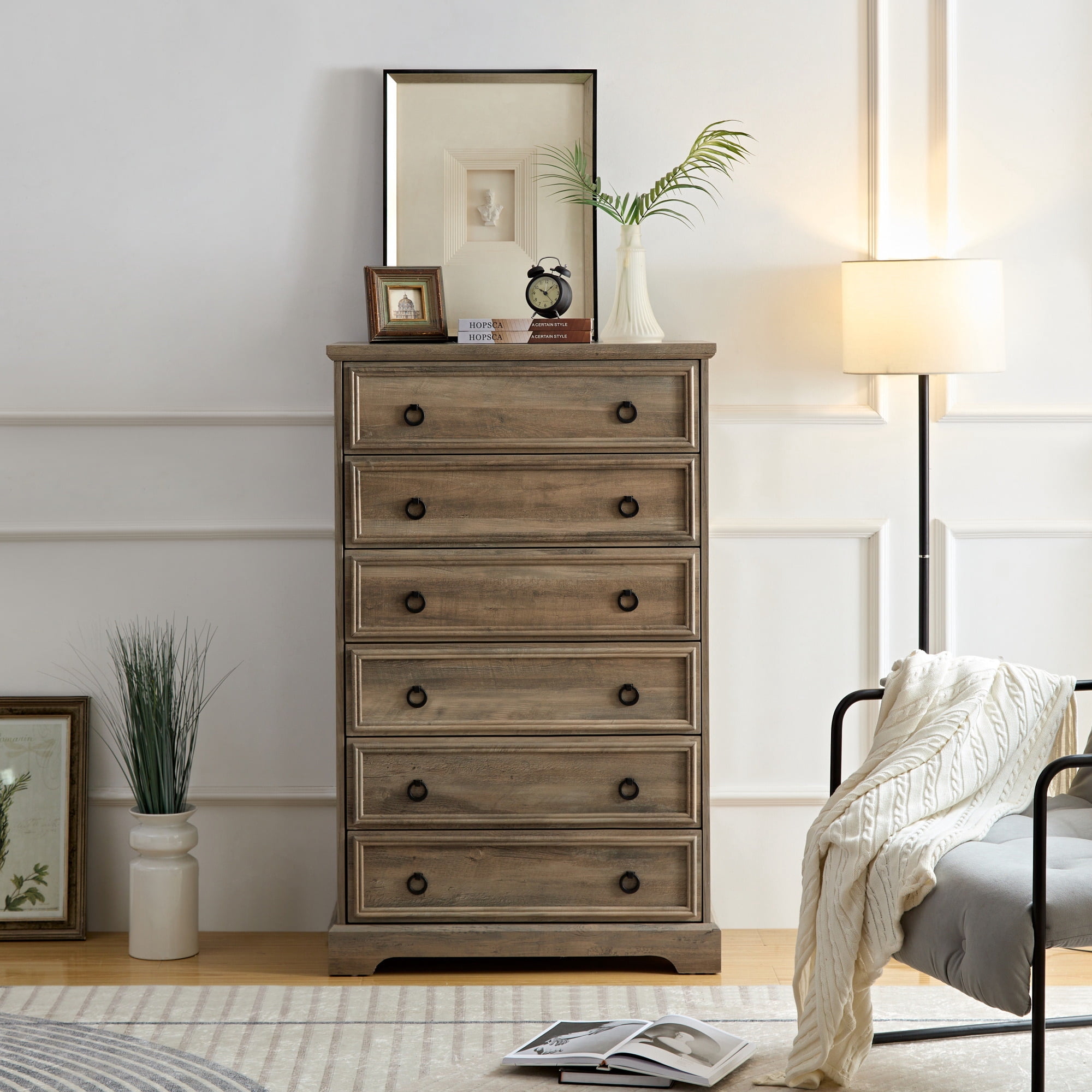 Leumius Modern 6 Drawer Dresser, Tall Chest of Drawers Closet Organizers & Storage Clothes,Easy Pull Handle, Textured Borders for Living Room, Hallway, Bedroom Gray