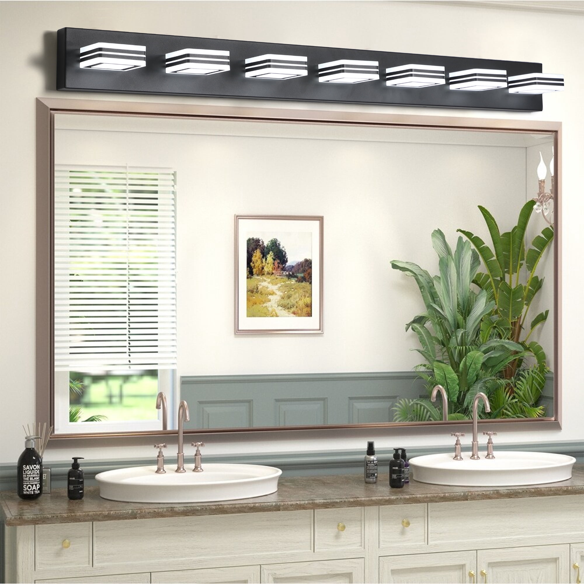 Leumius Modern 7-Light LED Vanity Light, Square Acrylic Lampshades Wall Mount Fixture for Mirror, Bathroom, Bedroom and Hallway Black