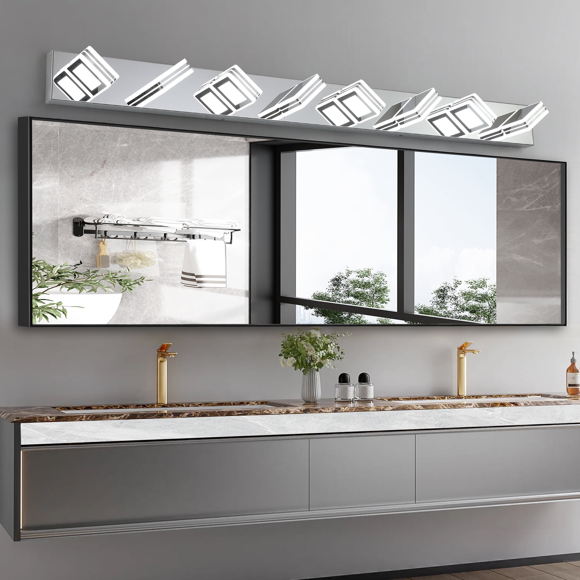 Leumius Modern 8-Light LED Vanity Light, Square Acrylic Lampshades Wall Mount Fixture for Mirror, Bathroom, Bedroom and Hallway Chrome