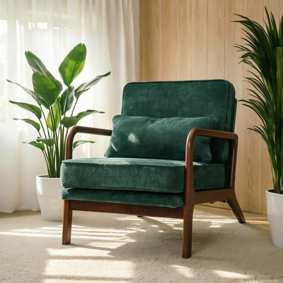 Leumius Modern Accent Chair,Mid-Century Single Upholstered Living Room Chair with Curved Wood Armrests and Lumbar Cushion for Living Room,Bedroom,Dark Green