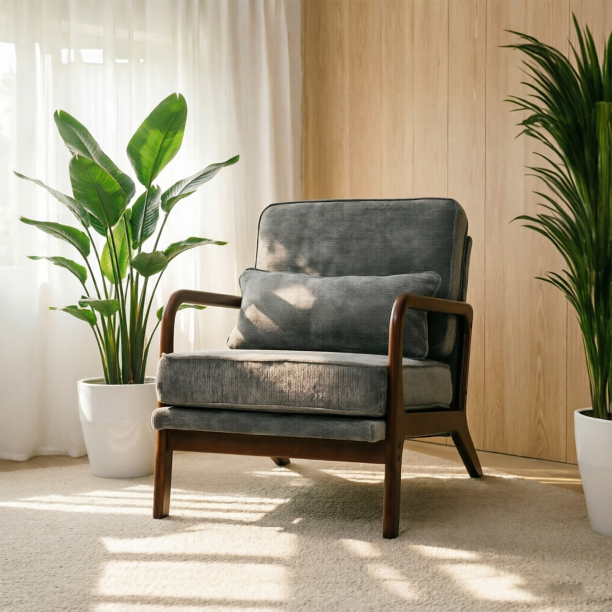 Leumius Modern Accent Chair,Mid-Century Single Upholstered Living Room Chair with Curved Wood Armrests and Lumbar Cushion for Living Room,Bedroom,Dark Grey