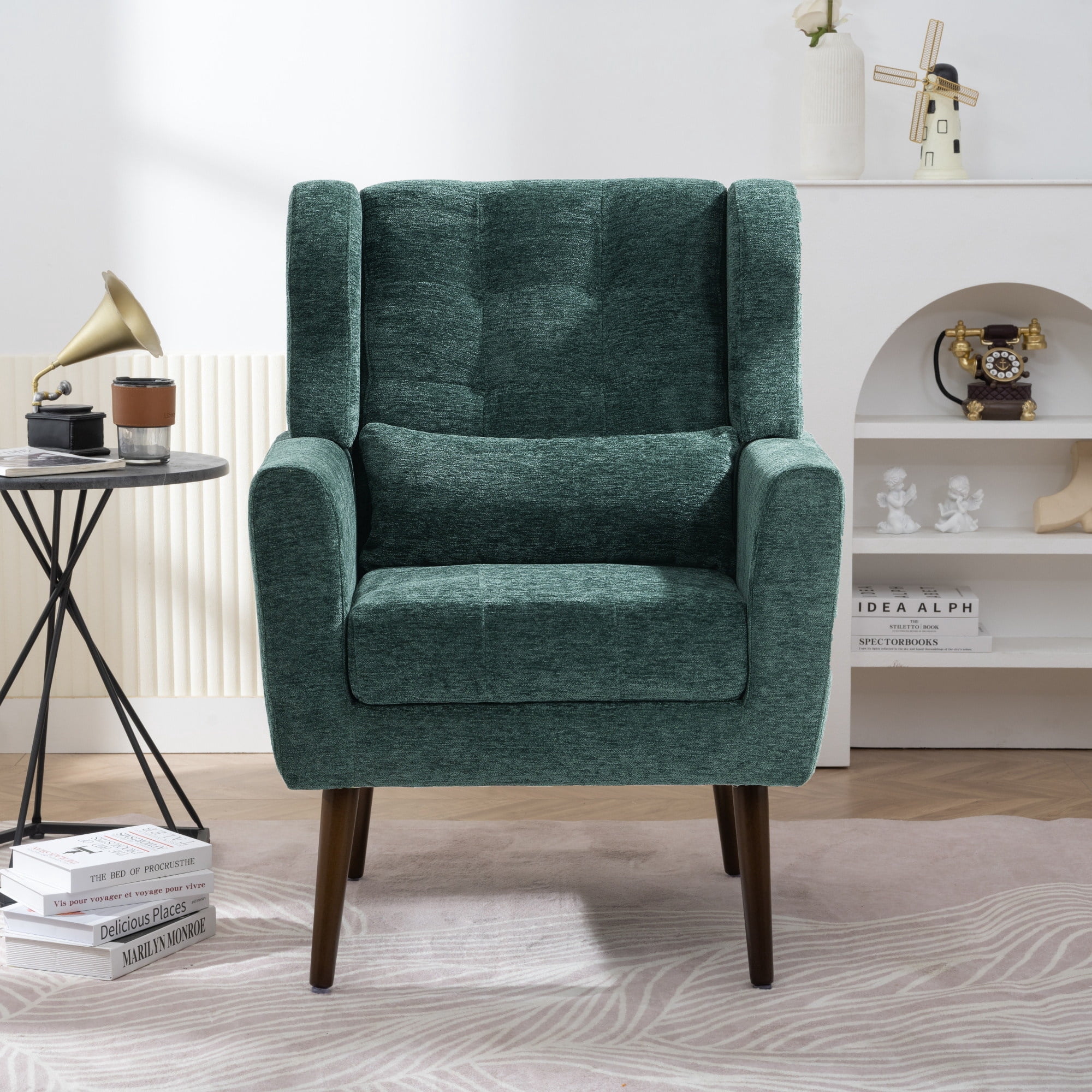Leumius Modern Accent Chair with Solid Wood Leg, Chenille Armchair with Pillow, Comfy Soft Padded Lounge Chair for Small Space, Bedroom, Living Room Green