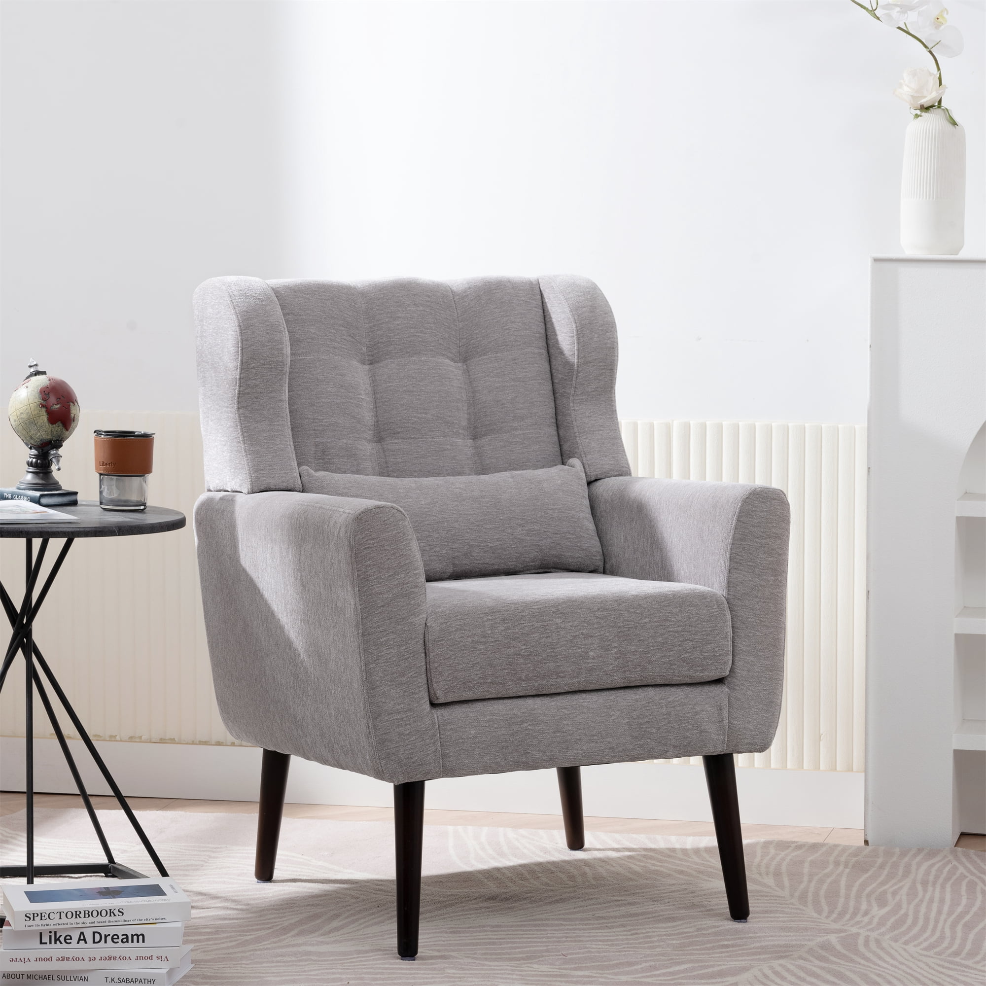 Leumius Modern Accent Chair with Solid Wood Leg, Chenille Armchair with Pillow, Comfy Soft Padded Lounge Chair for Small Space, Bedroom, Living Room Grey