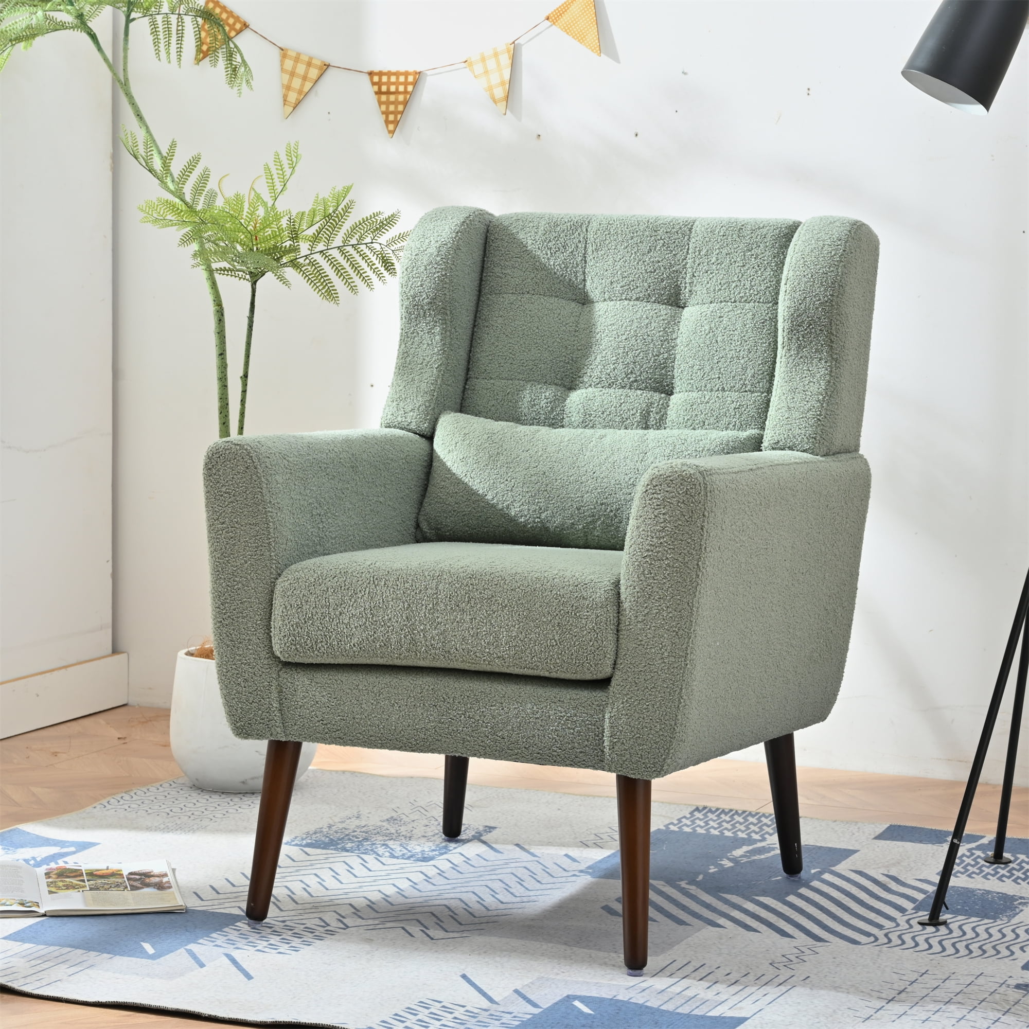 Leumius Modern Accent Chair with Solid Wood Leg, Teddy Armchair with Pillow, Comfy Soft Padded Lounge Chair for Small Space, Bedroom, Living Room Green