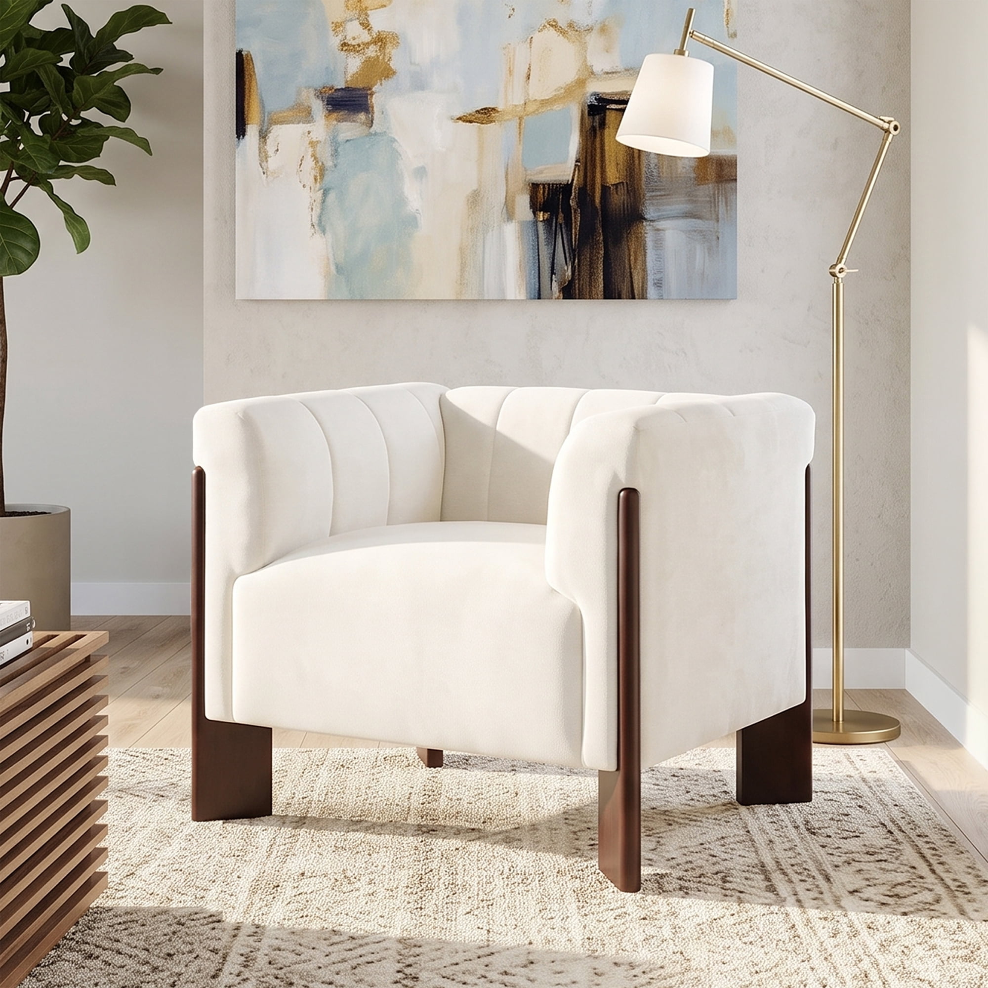 Leumius Modern Accent Chair, Velvet Single Sofa Chair with Tight Back, Round Arms, Vertical Channel Tufted Back and Walnut Rubber Wood Legs for Living Room, Bedroom or Reading Corner, Beige