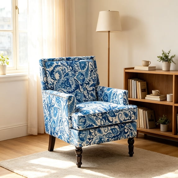 Leumius Modern Accent Chair with Wood Legs,Vintage Upholstered Armchair Single Sofa Chair Reading Accent Chair for Living Room Bedroom Office,Blue and White
