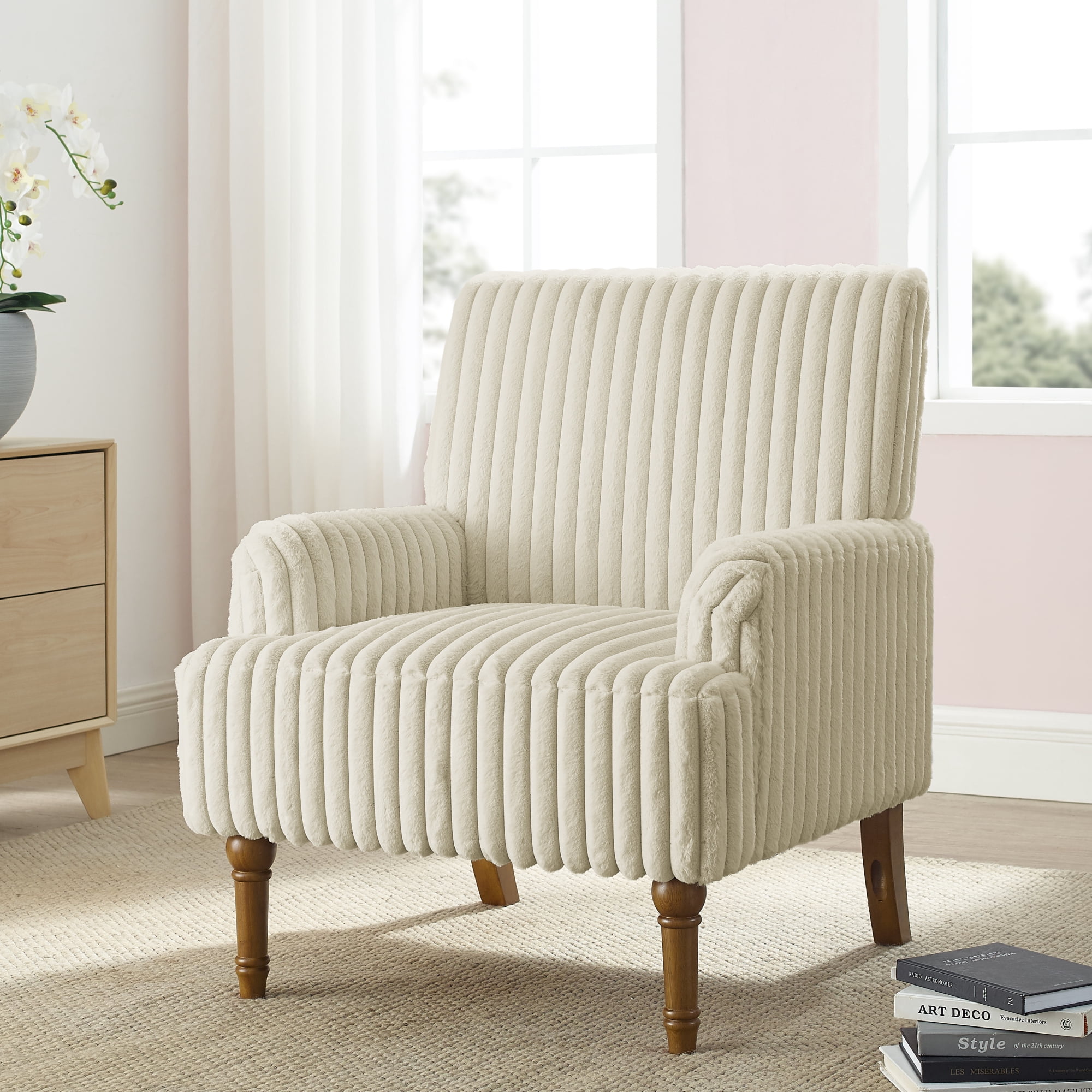 Leumius Modern Accent Chair with 9" Solid Wood Legs, Comfortable Upholstered Corduroy Armchair for Living Room Bedroom, Office Beige