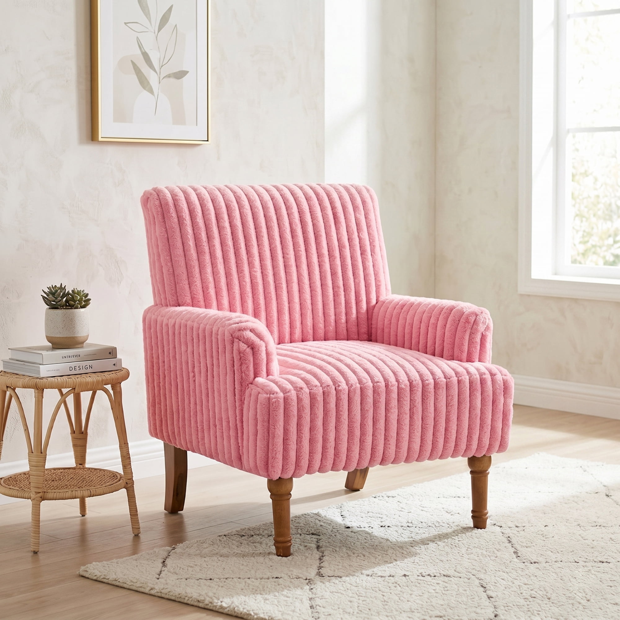 Leumius Modern Accent Chair with 9" Solid Wood Legs, Comfortable Upholstered Corduroy Armchair for Living Room Bedroom, Office Pink