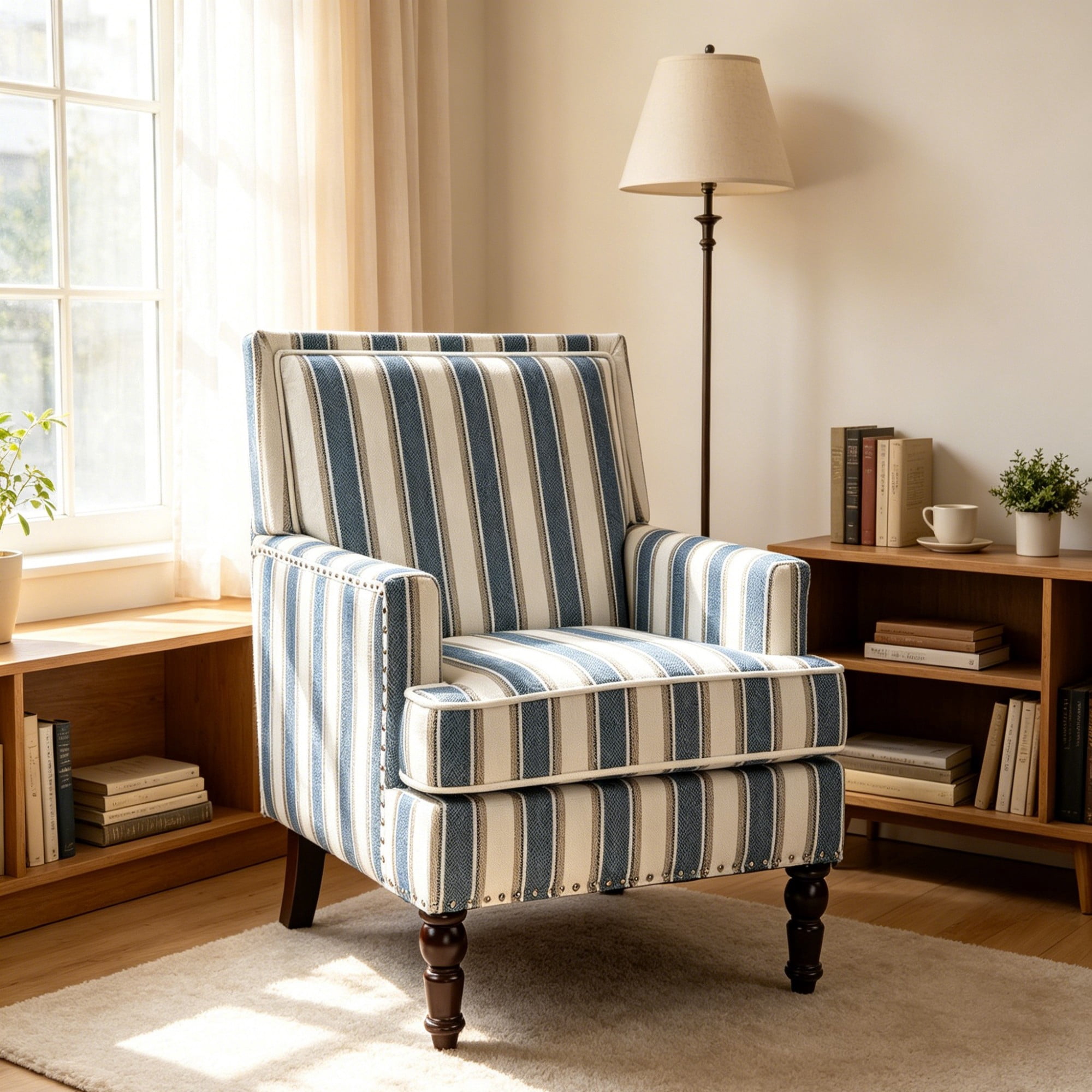 Leumius Modern Accent Chair with Wood Legs,Vintage Upholstered Armchair Single Sofa Chair Reading Accent Chair for Living Room Bedroom Office,Blue