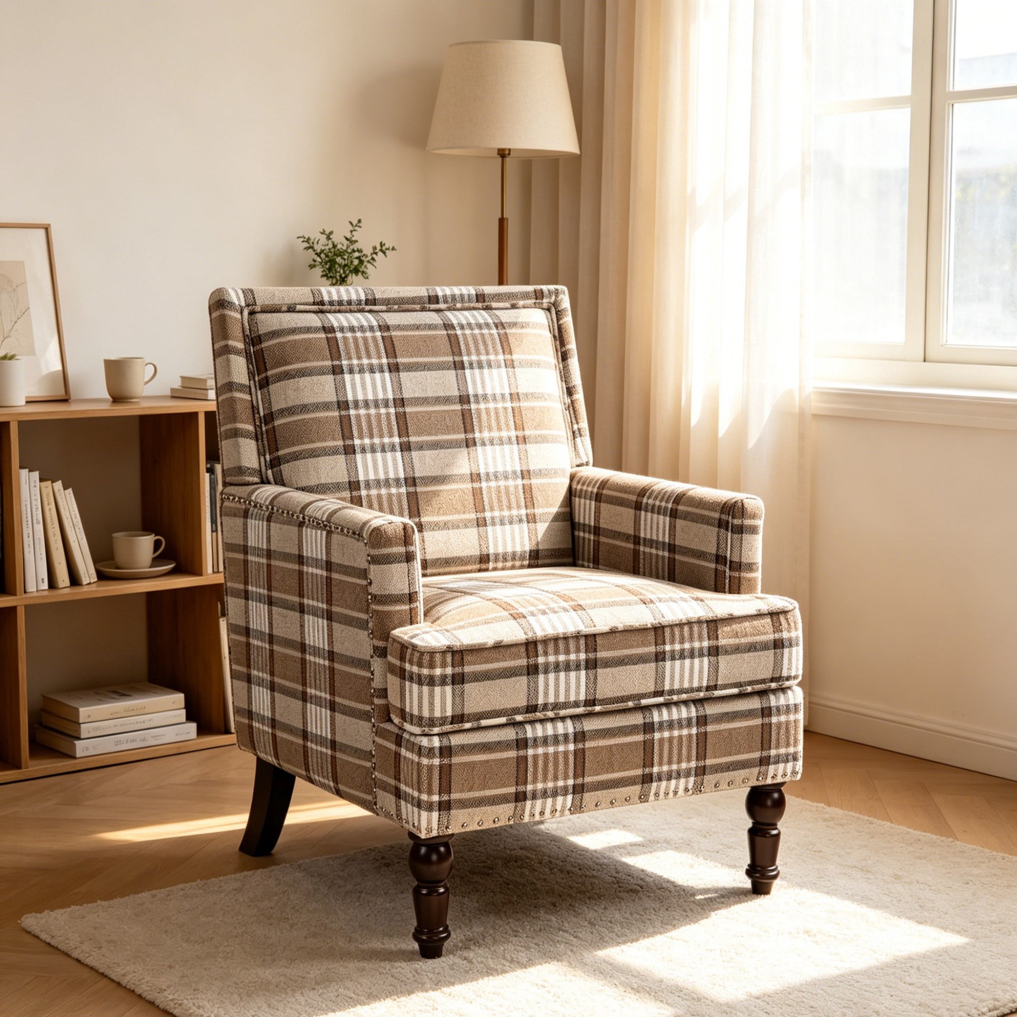 Leumius Modern Accent Chair with Wood Legs,Vintage Upholstered Armchair Single Sofa Chair Reading Accent Chair for Living Room Bedroom Office,Coffee