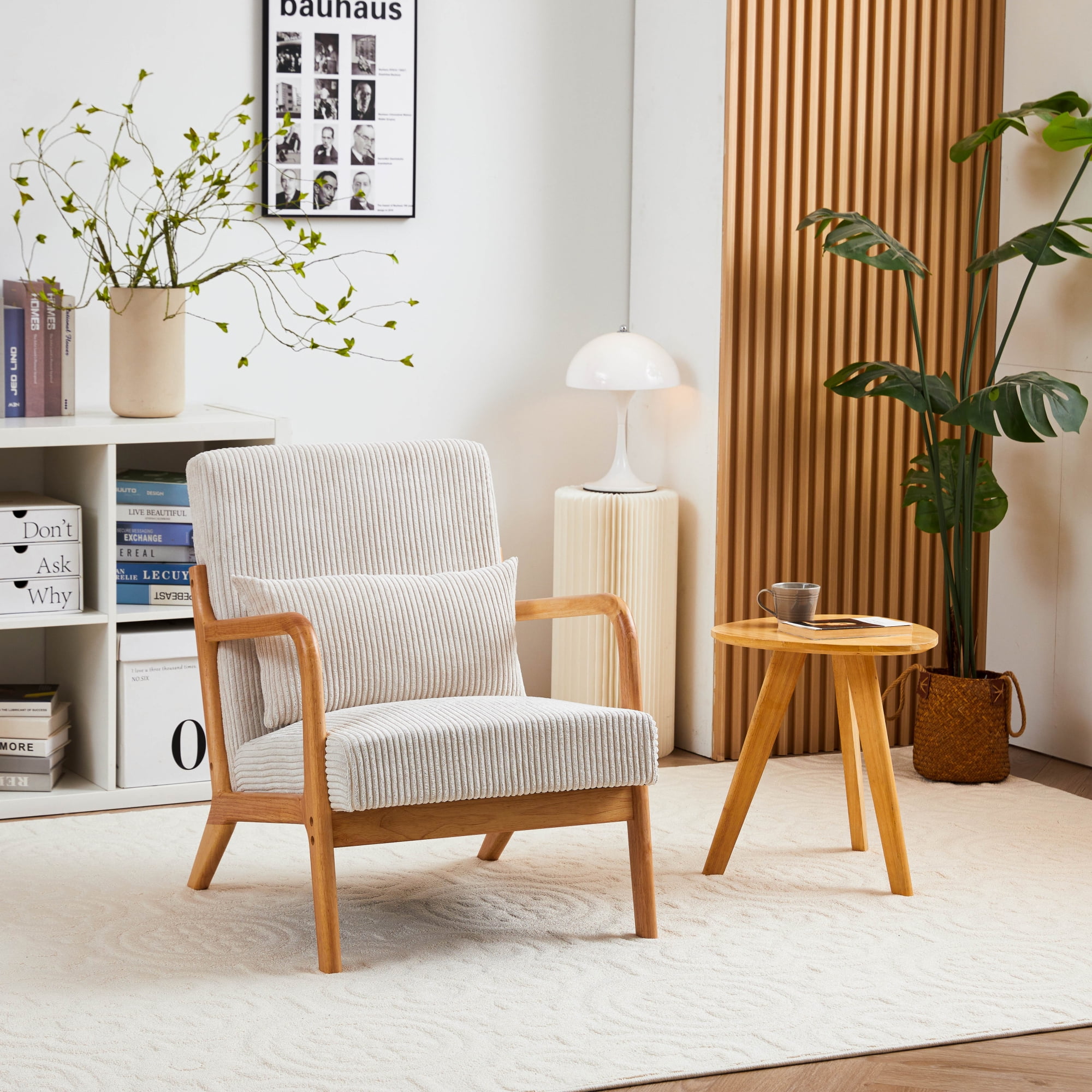 Leumius Modern Arm Chair Upholstered Reading Accent Chair with Pillow & Solid Wood Frame for Living Room Bedroom,Beige 02