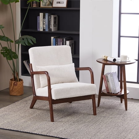 Leumius Modern Arm Chair Upholstered Reading Accent Chair with Pillow & Solid Wood Frame for Living Room Bedroom,Beige
