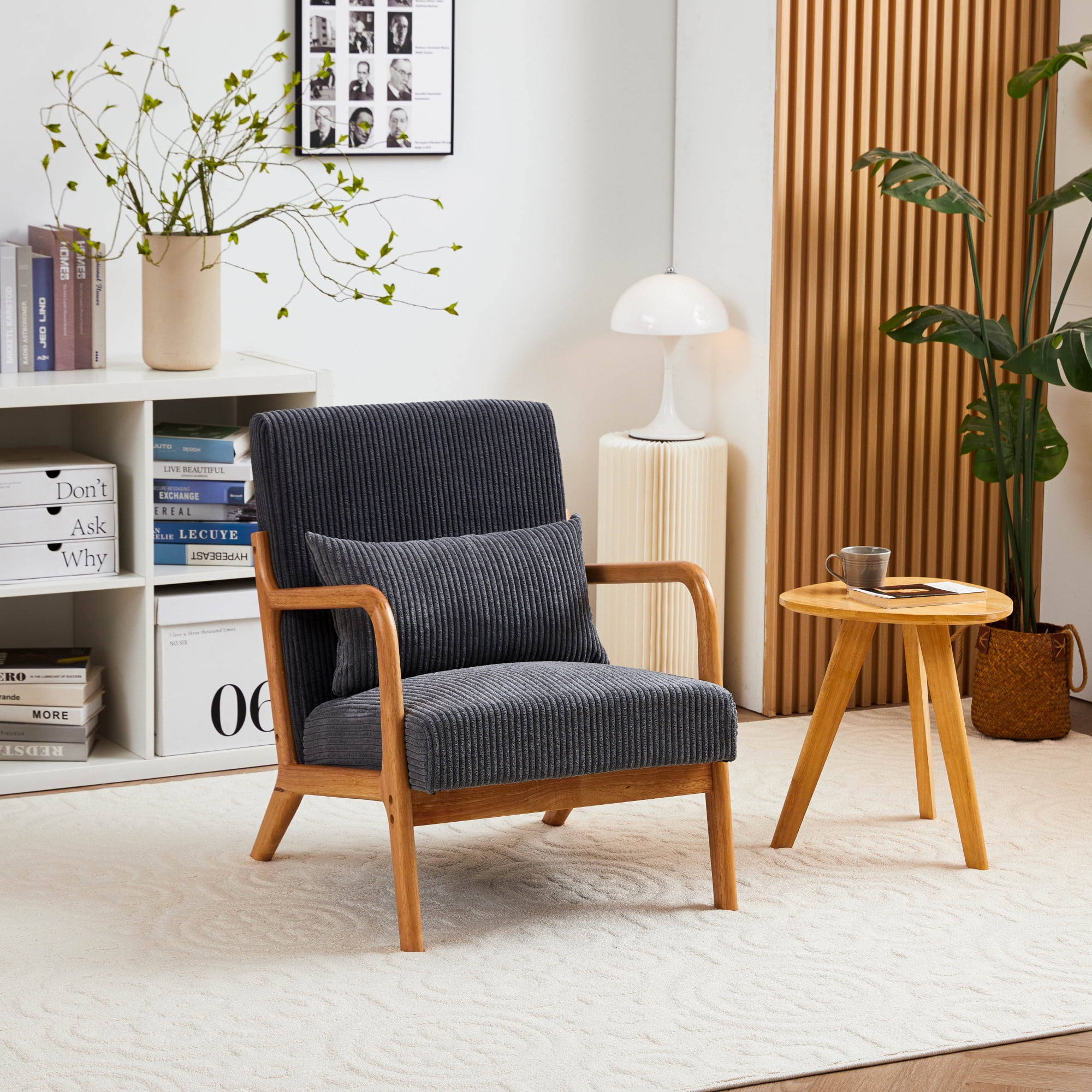 Leumius Modern Arm Chair Upholstered Reading Accent Chair with Pillow & Solid Wood Frame for Living Room Bedroom,Dark Grey 02