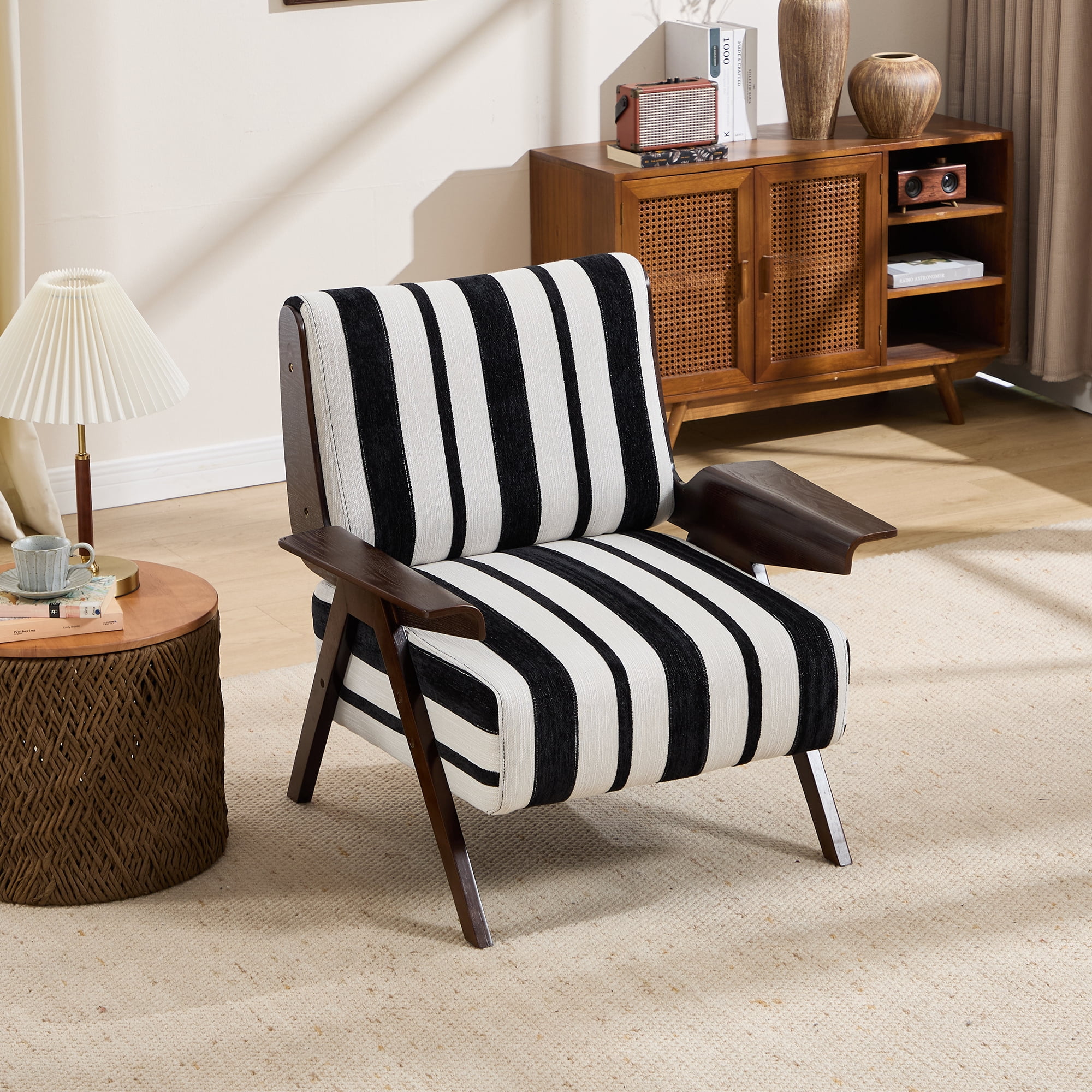 Leumius Modern Armchair with Widened Armrests Single Sofa Chair with Solid Wood Legs Comfortable Casual Reading Chair for Living Room, Bedroom, Office Black and White Stripes