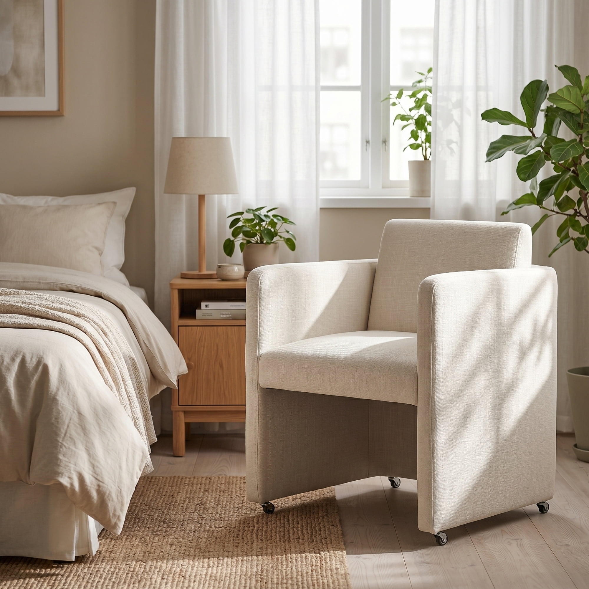 Leumius Modern Barrel Dining Chair, Accent Kitchen Chair with Arms Comfy Linen Fabric, Side Chair for Living Room Home Office Reception, Cream