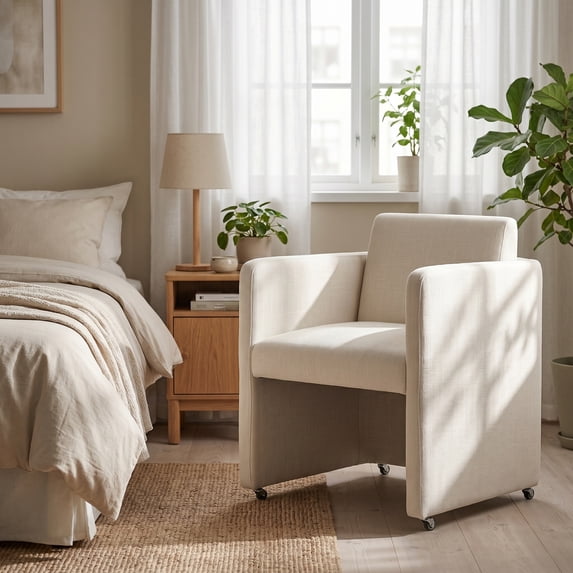Leumius Modern Barrel Dining Chair, Accent Kitchen Chair with Arms Comfy Linen Fabric, Side Chair for Living Room Home Office Reception, Cream