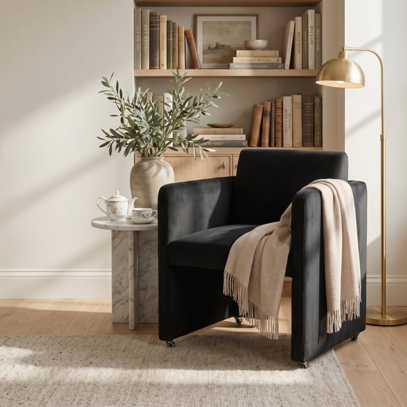 Leumius Modern Barrel Dining Chair, Accent Kitchen Chair with Arms Comfy Velvet Fabric, Side Chair for Living Room Home Office Reception, Black