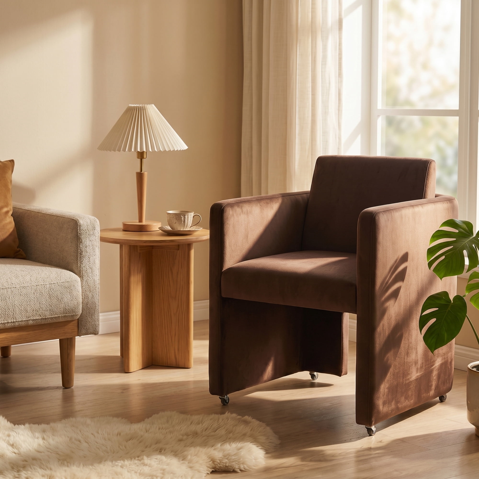 Leumius Modern Barrel Dining Chair, Accent Kitchen Chair with Arms Comfy Velvet Fabric, Side Chair for Living Room Home Office Reception, Chocolate