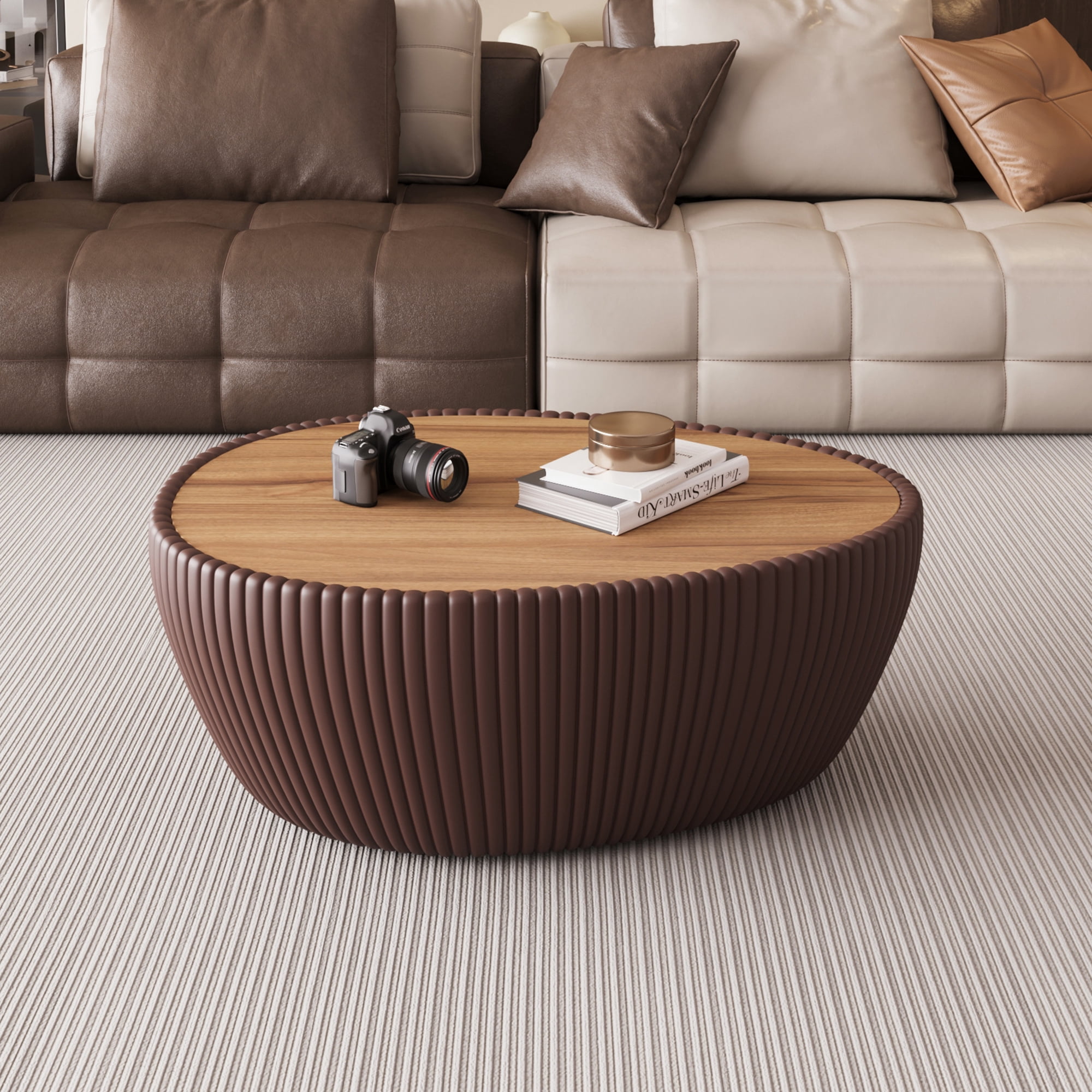 Leumius Modern Coffee Table, Sintered Stone Goose Eggs Shape Leather Sofa End Table, Luxurious Side Table for Home Decor Living Room Coffee