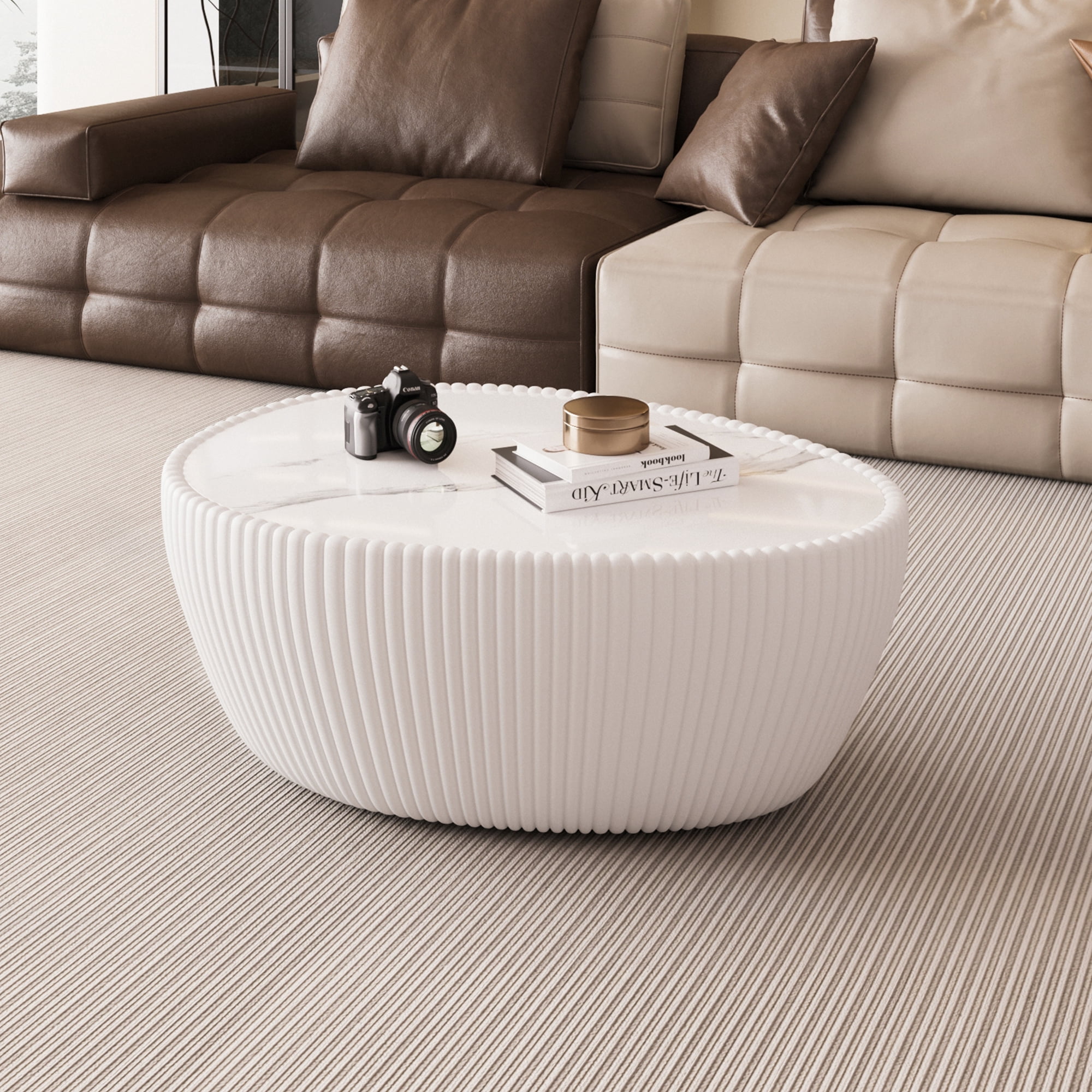 Leumius Modern Coffee Table, Sintered Stone Goose Eggs Shape Leather Sofa End Table, Luxurious Side Table for Home Decor Living Room White