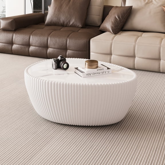 Leumius Modern Coffee Table, Sintered Stone Goose Eggs Shape Leather Sofa End Table, Luxurious Side Table for Home Decor Living Room White