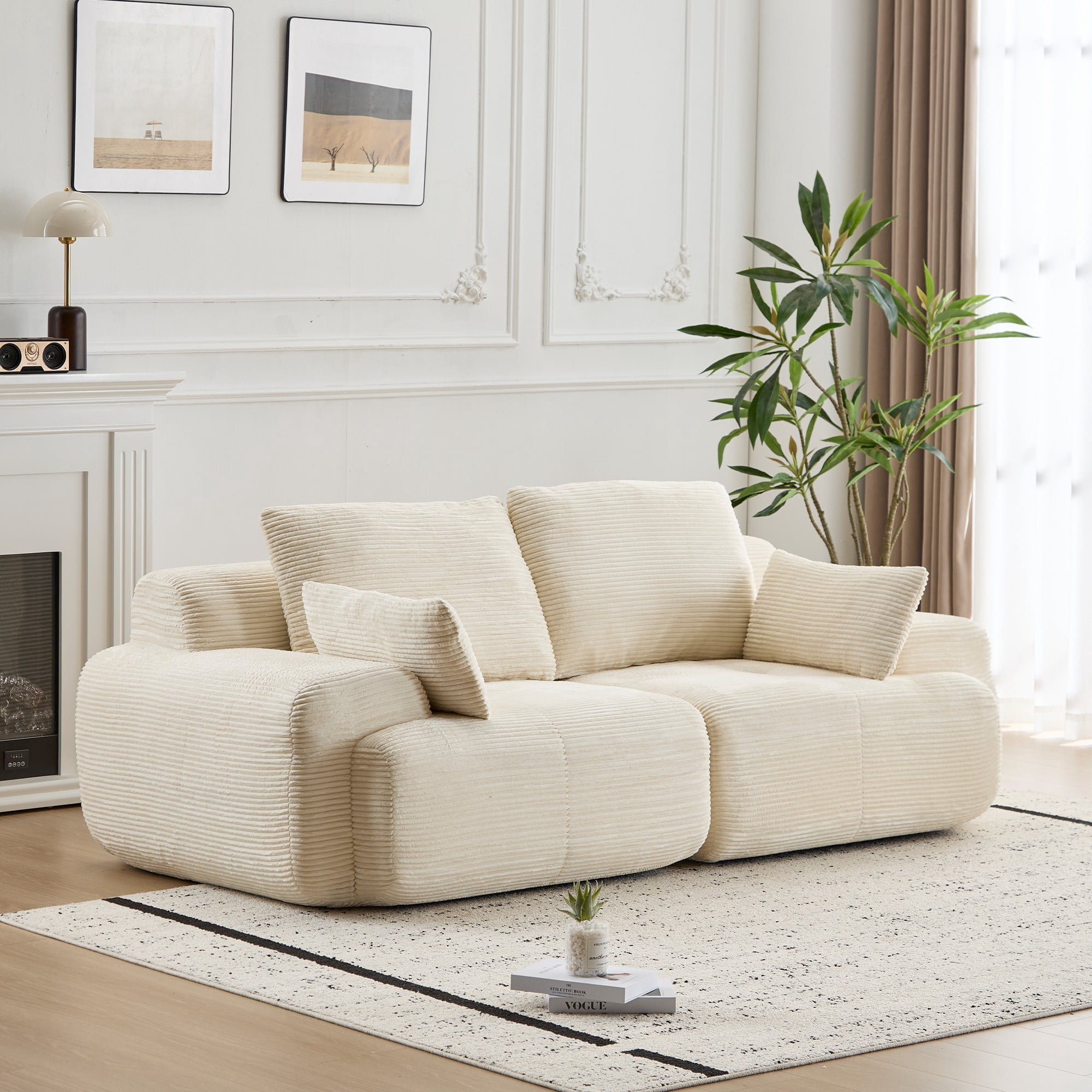 Leumius Modern Compressed Sofa,2 Seater Memory Foam Sofa Couch,Corduroy Extra Deep Loveseat Sofa for Living Room,Beige