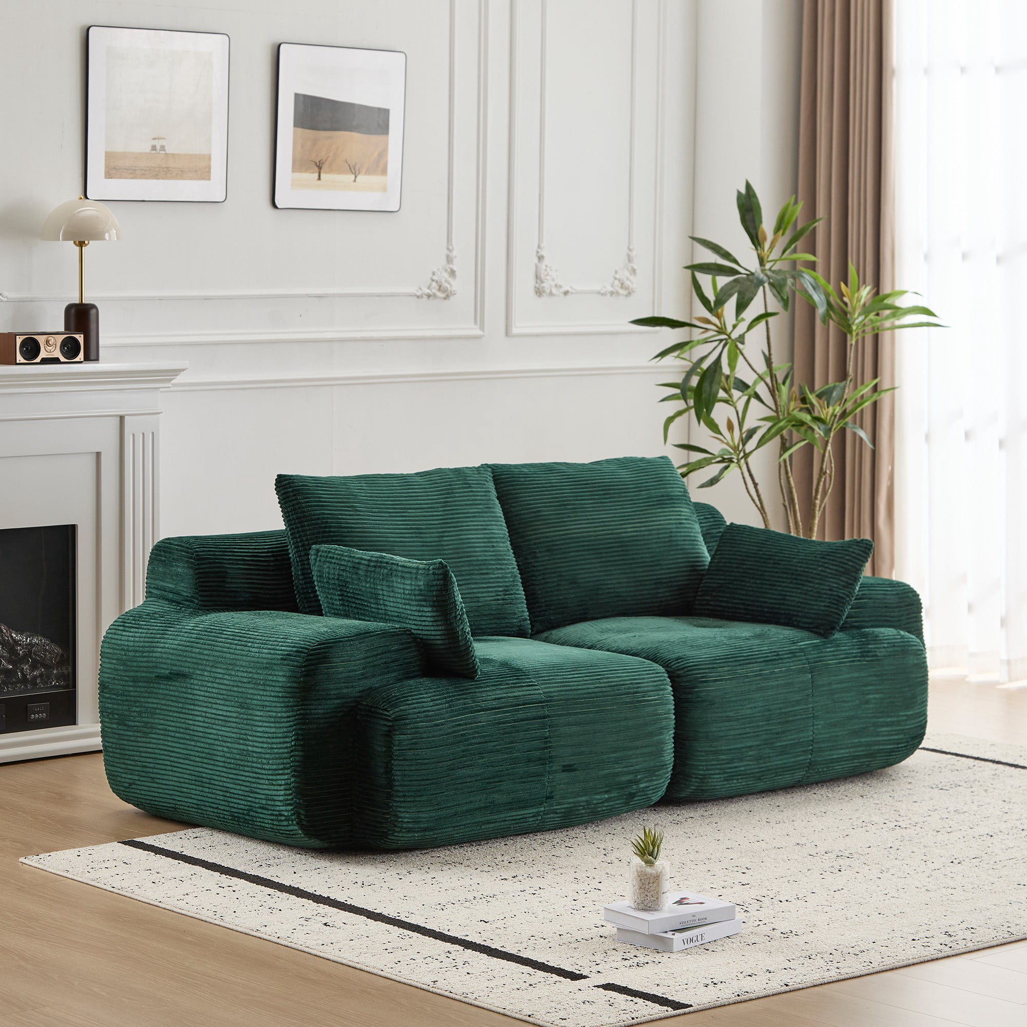 Leumius Modern Compressed Sofa,2 Seater Memory Foam Sofa Couch,Corduroy Extra Deep Loveseat Sofa for Living Room,Green