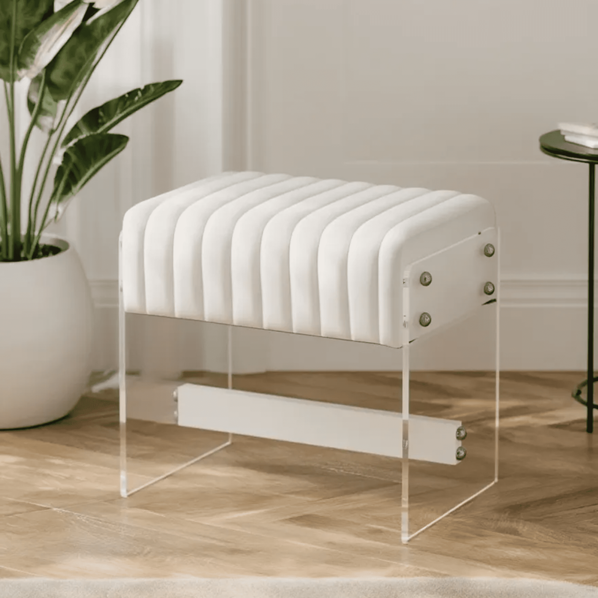 Leumius Modern Dressing Stool,White PU Leather with High-Density Sponge and Acrylic Legs for Bedroom/Entryway/Living Room