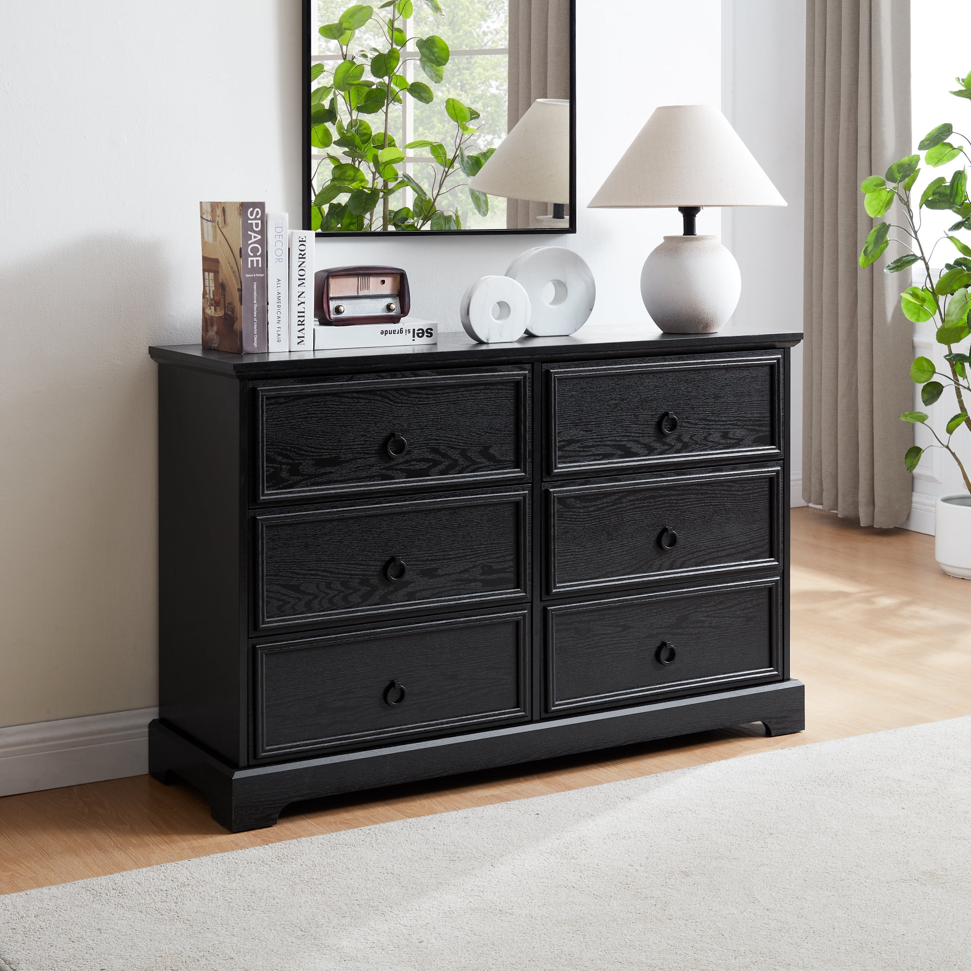 Leumius Modern Farmhouse 6 Drawer Dresser,Wooden Chest of Drawers with 6 Storage Drawers for Bedroom,Black