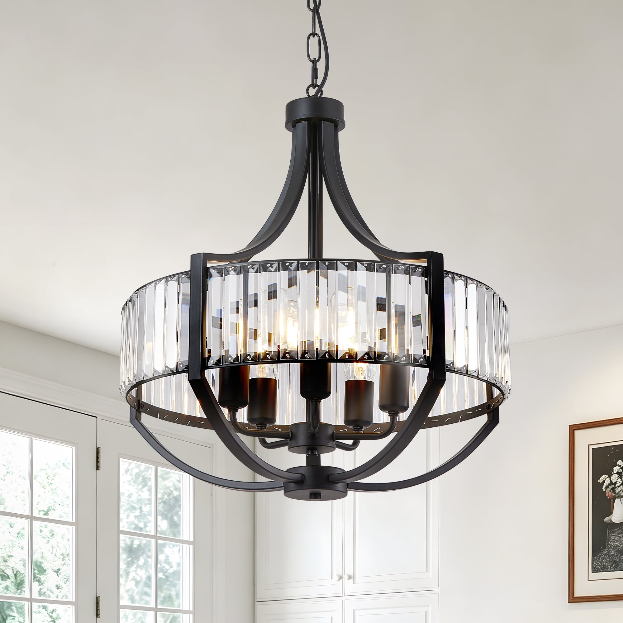 Leumius Modern Farmhouse Crystal Chandeliers, 5-Light Black Antique Pendant Chandelier, Contemporary Hanging Light Fixture for Living Room Bedroom Foyer Kitchen Island Entryway