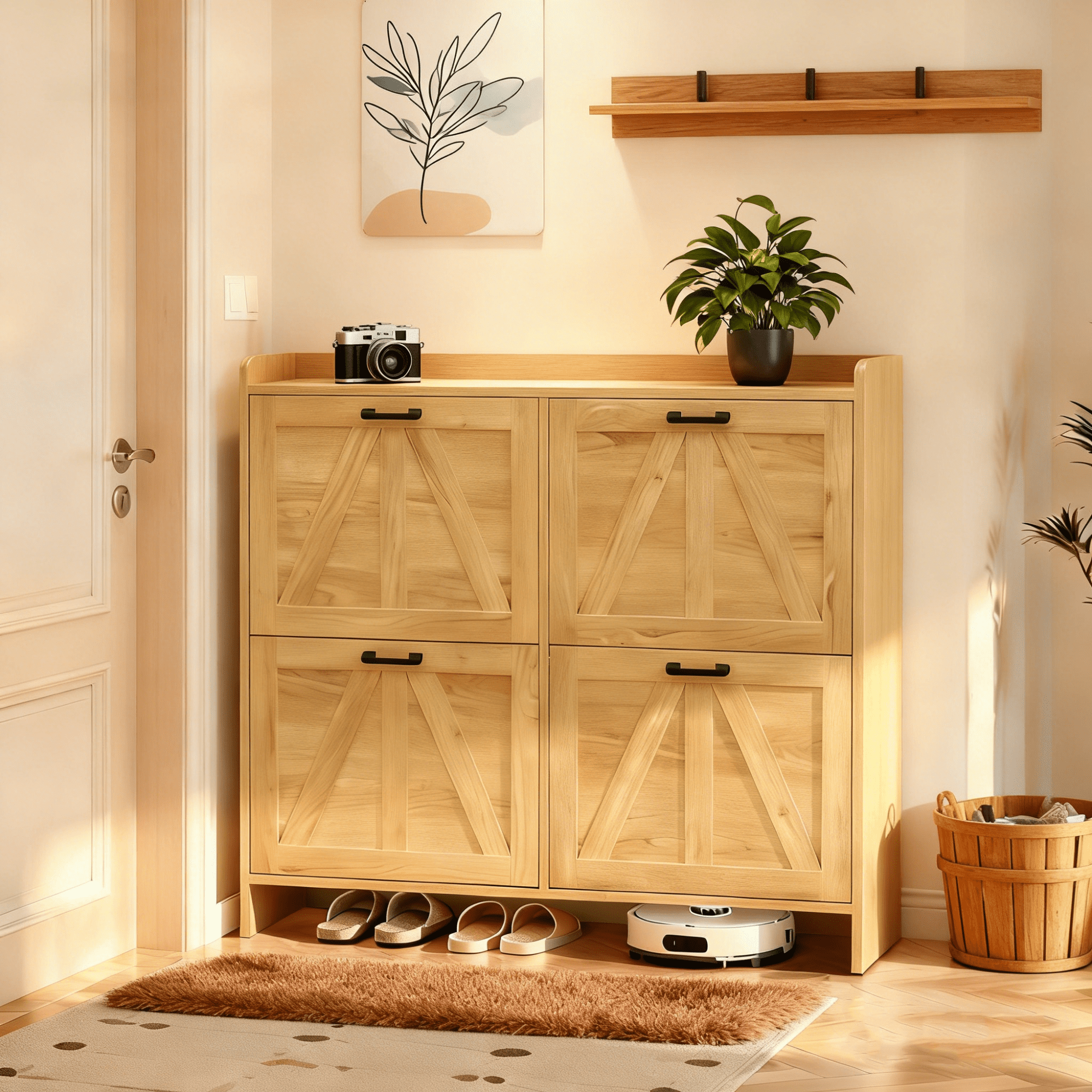 Leumius Modern Fence Shoe Cabinet with 4 Flip Drawers, Sleek Space-Saving Entryway Organizer for Living Room Oak