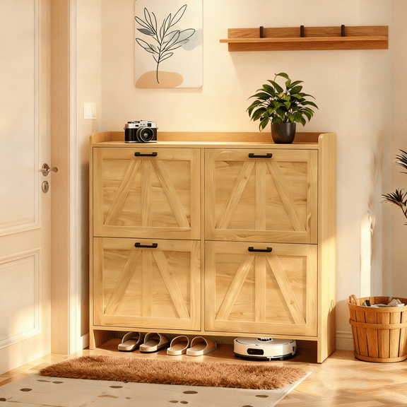 Leumius Modern Fence Shoe Cabinet with 4 Flip Drawers, Sleek Space-Saving Entryway Organizer for Living Room Oak