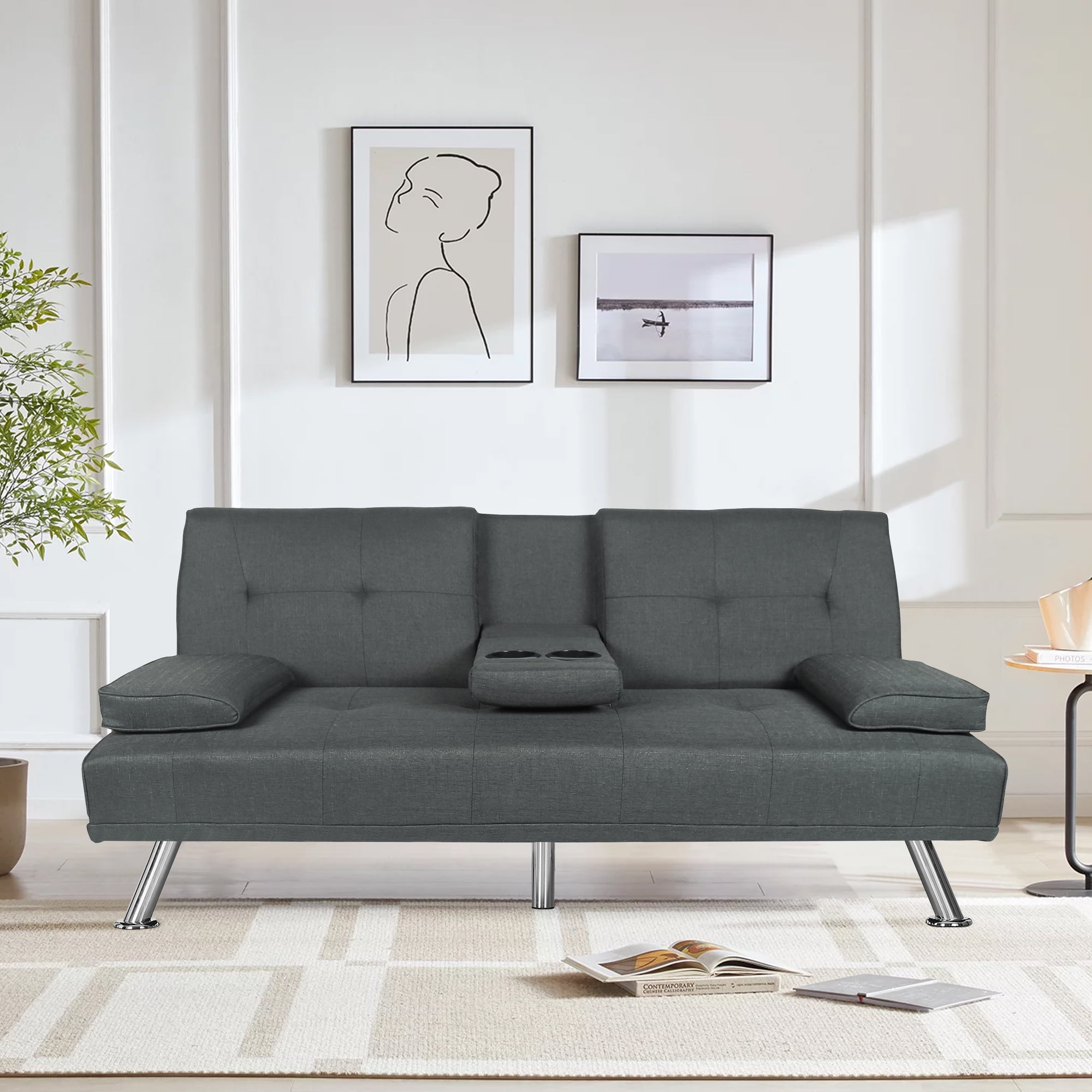 Leumius Modern Futon Sofa Bed, Upholstered Rmovable Armrests Sofa with