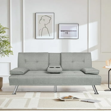 Leumius Modern Futon Sofa Bed, Upholstered Rmovable Armrests Sofa with Cup Holders, Light Gray