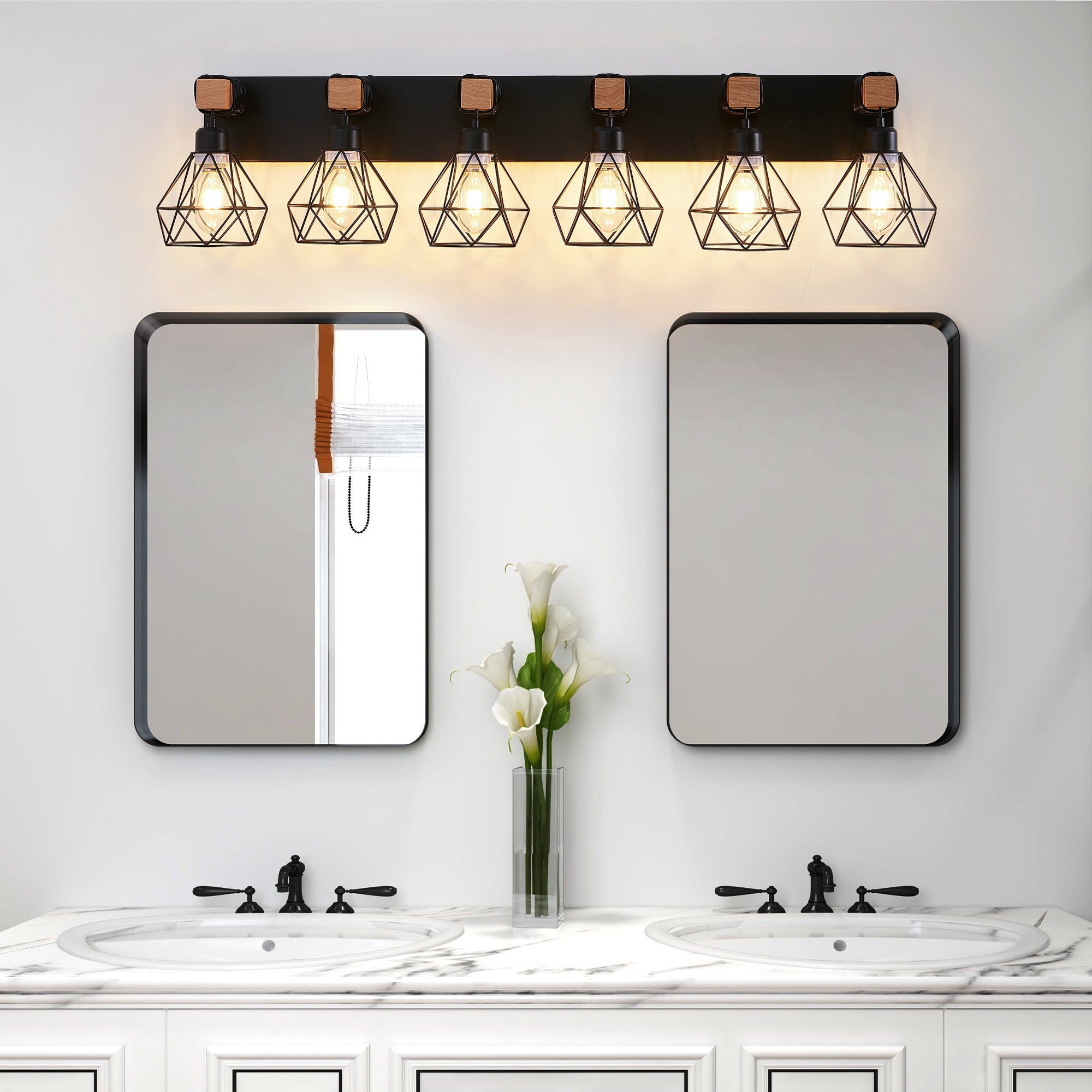 Leumius Modern Geometric 6-Light Vanity Light Fixture with Black Metal, Wooden Accents and Cage Lampshade for Bathroom, Bedroom, or Living Room (Bulb Not Included)
