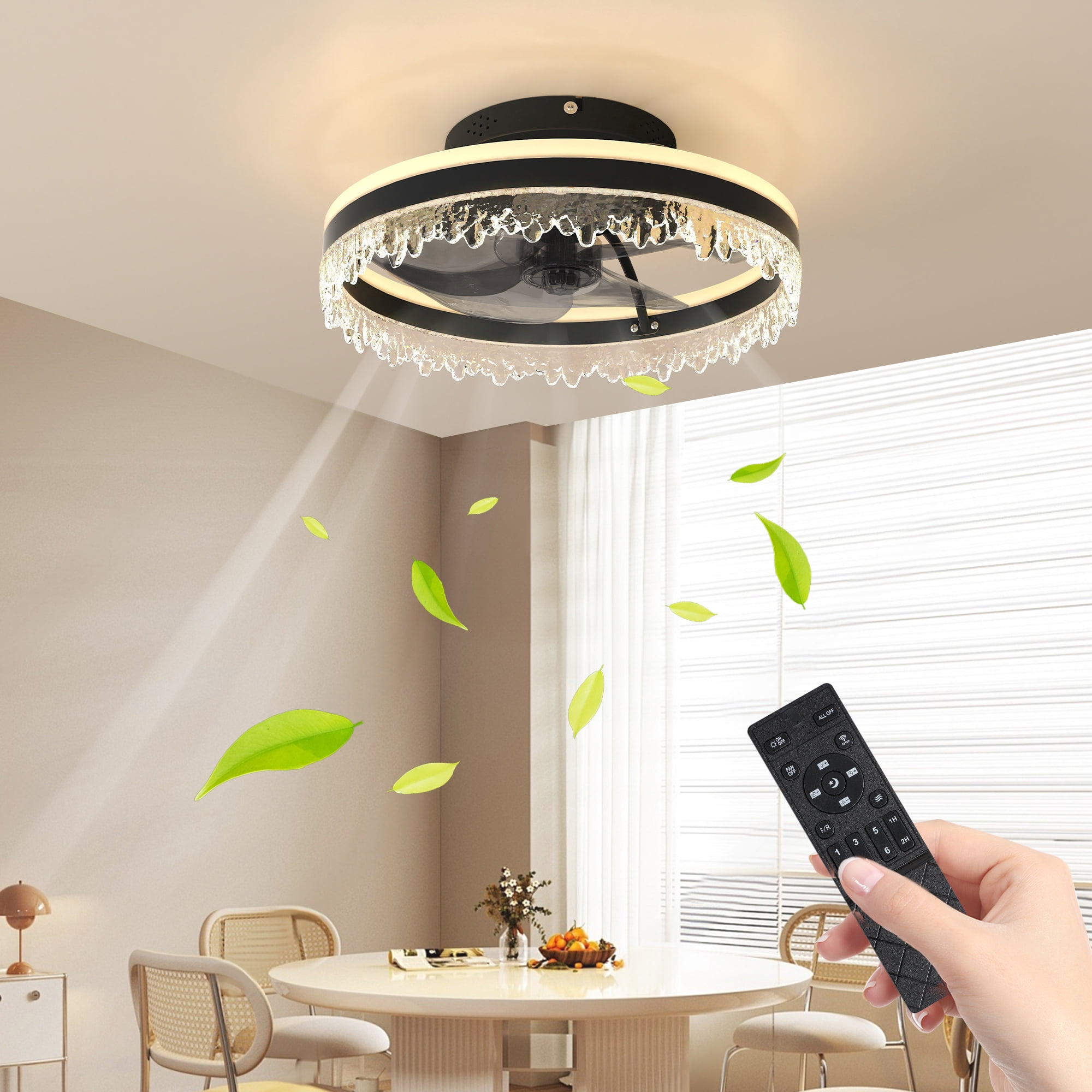 Leumius Modern LED Ceiling Fan with Light, 16In Dimmable Ceiling Light with Invisible Blades and Crystal Design, Remote Control & Adjustable Color Temperature for Bedroom, Living Room,Black