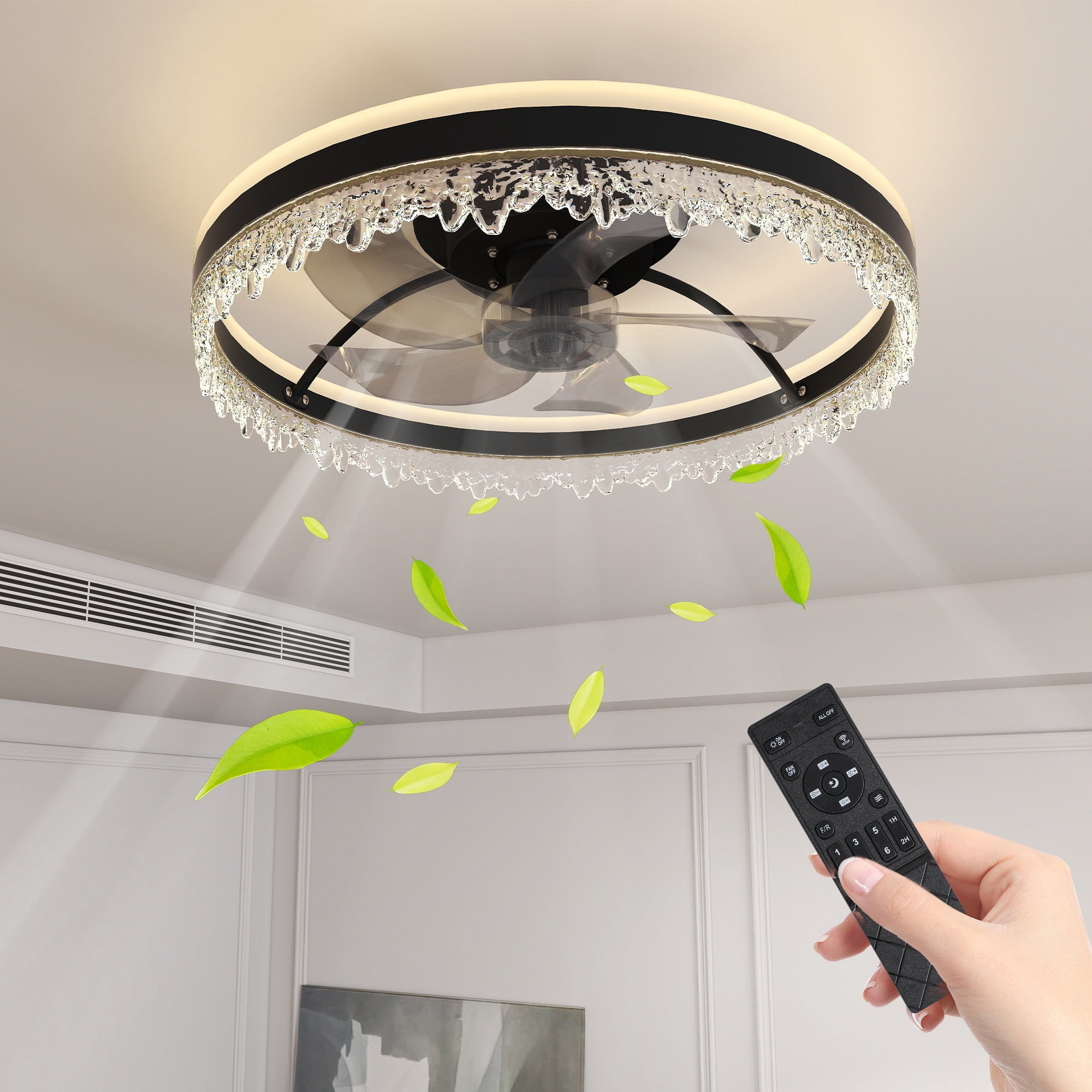 Leumius Modern LED Ceiling Fan with Light, 20In Dimmable Ceiling Light with Invisible Blades and Crystal Design, Remote Control & Adjustable Color Temperature for Bedroom, Living Room,Black