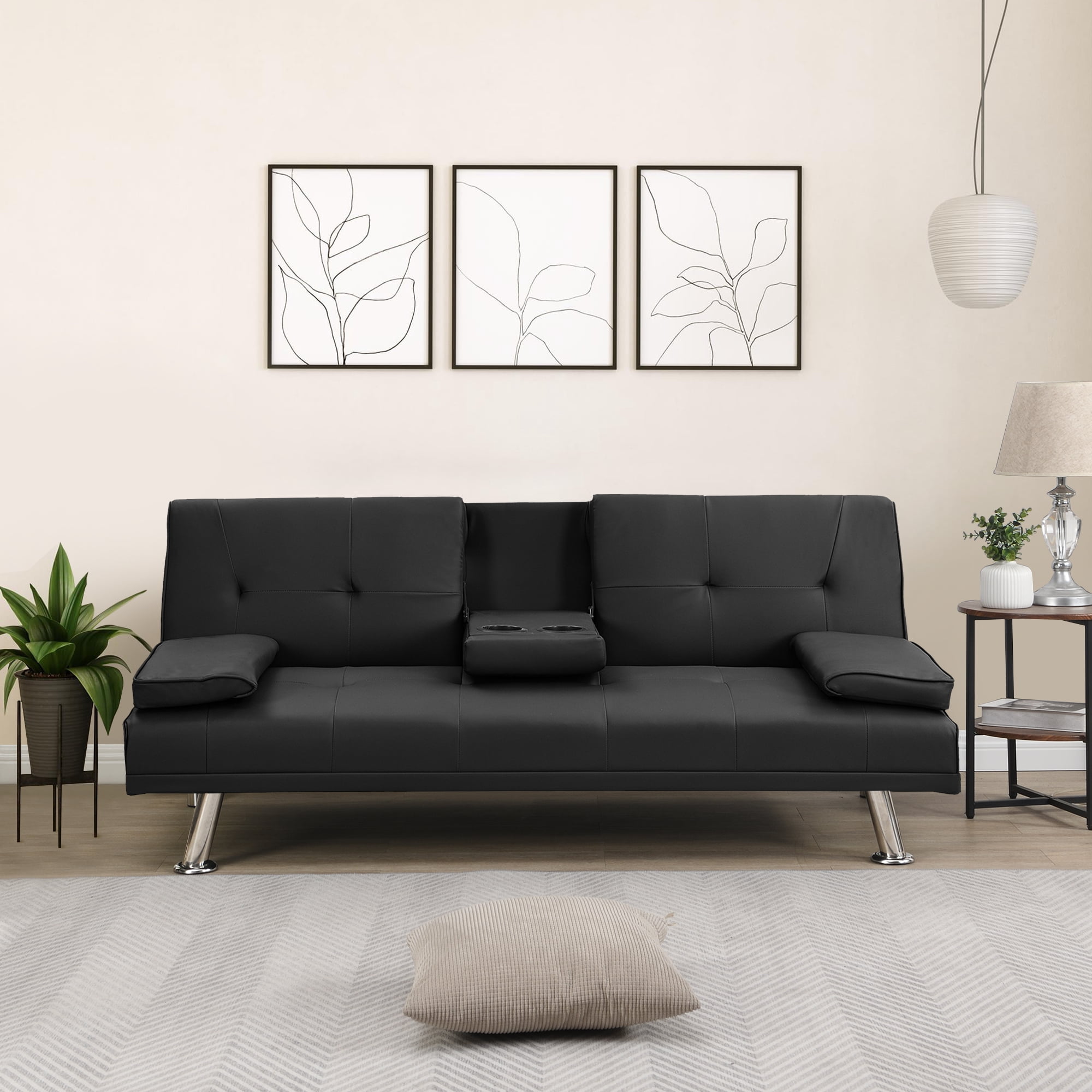 Leumius Modern Leather Futon Sofa Bed with Cup Holders, Convertible
