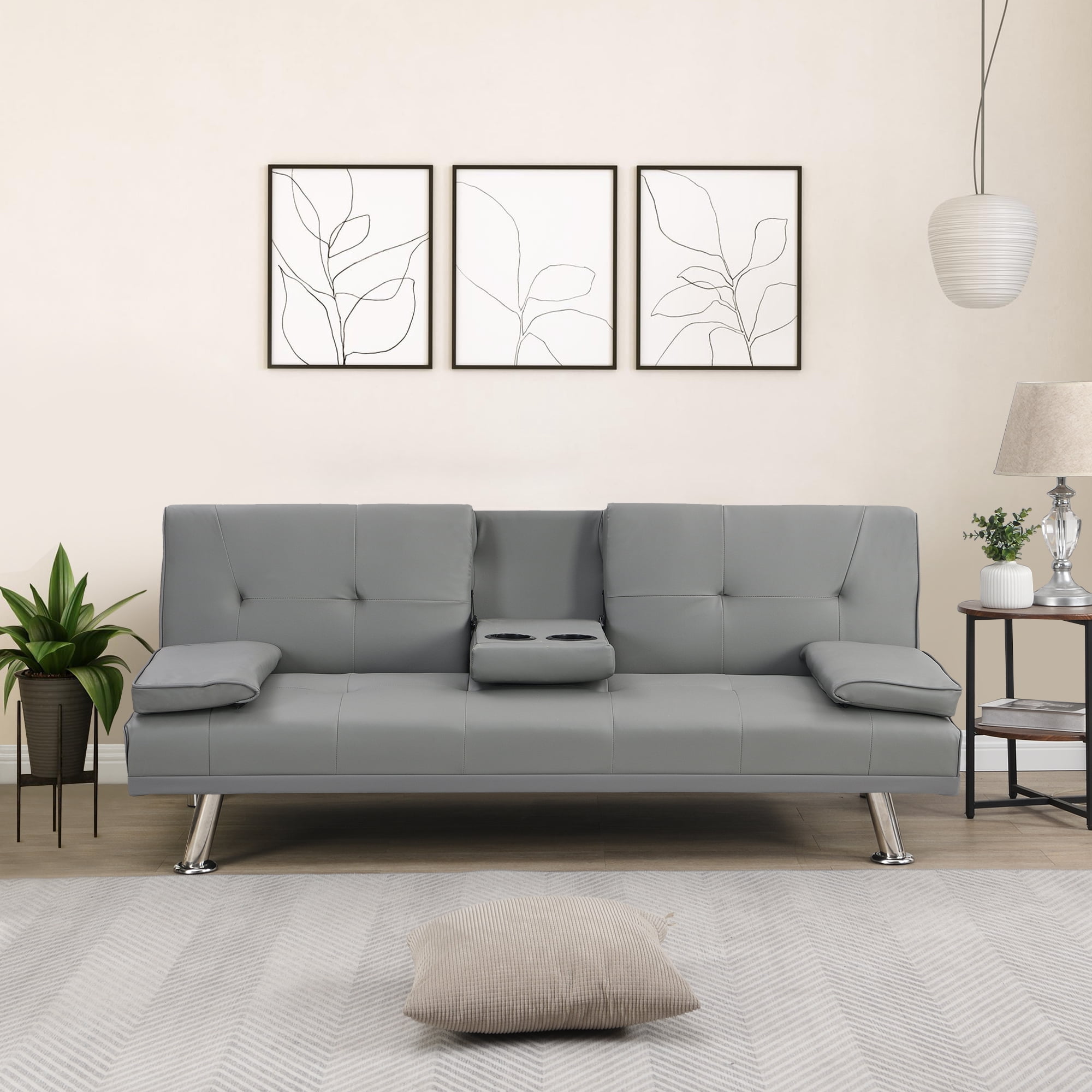 Leumius Modern Leather Futon Sofa Bed with Cup Holders, Convertible
