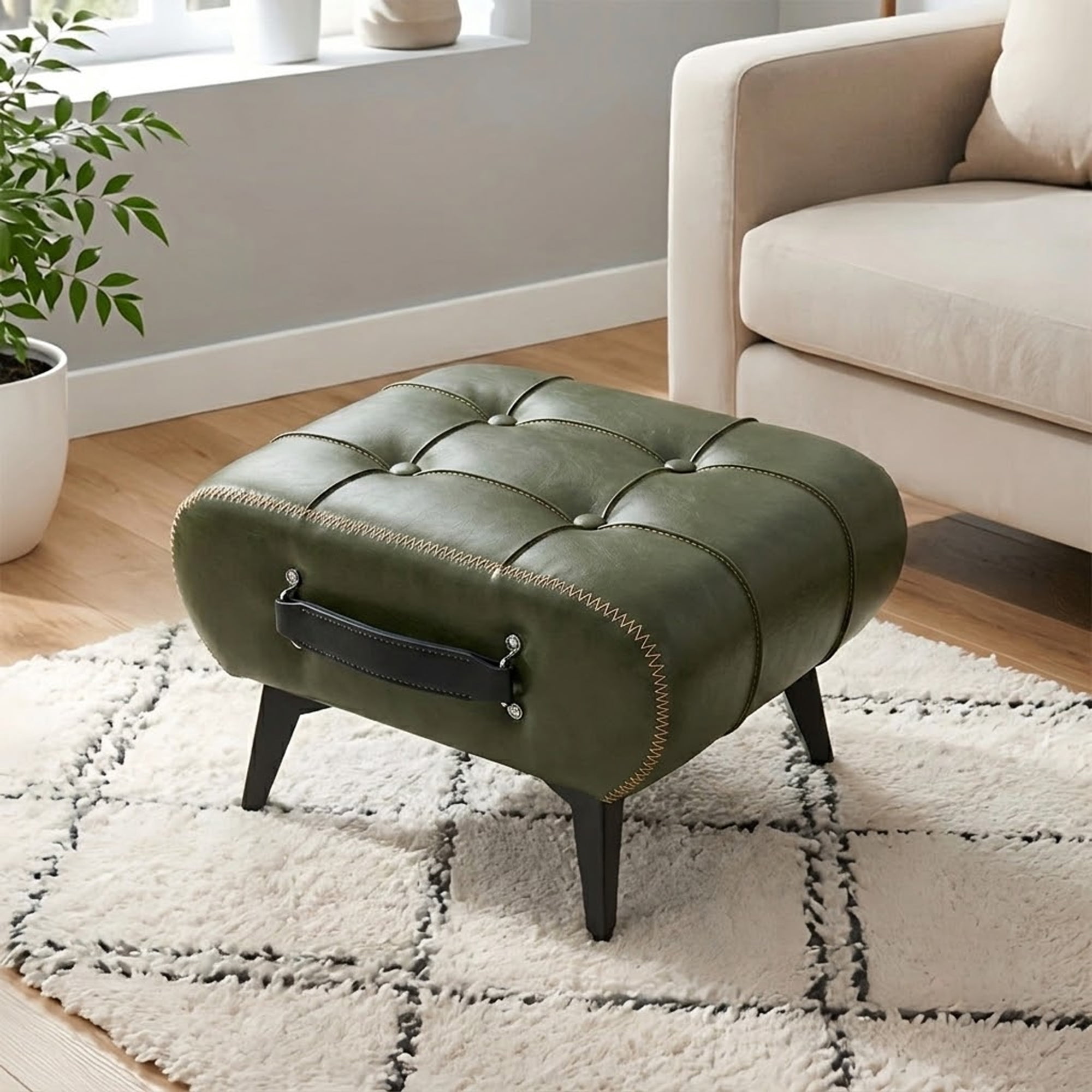Leumius Modern Leather Stool with Hidden Storage,Portable Handles & Metal Legs,Square Footrest for Living Room,Green