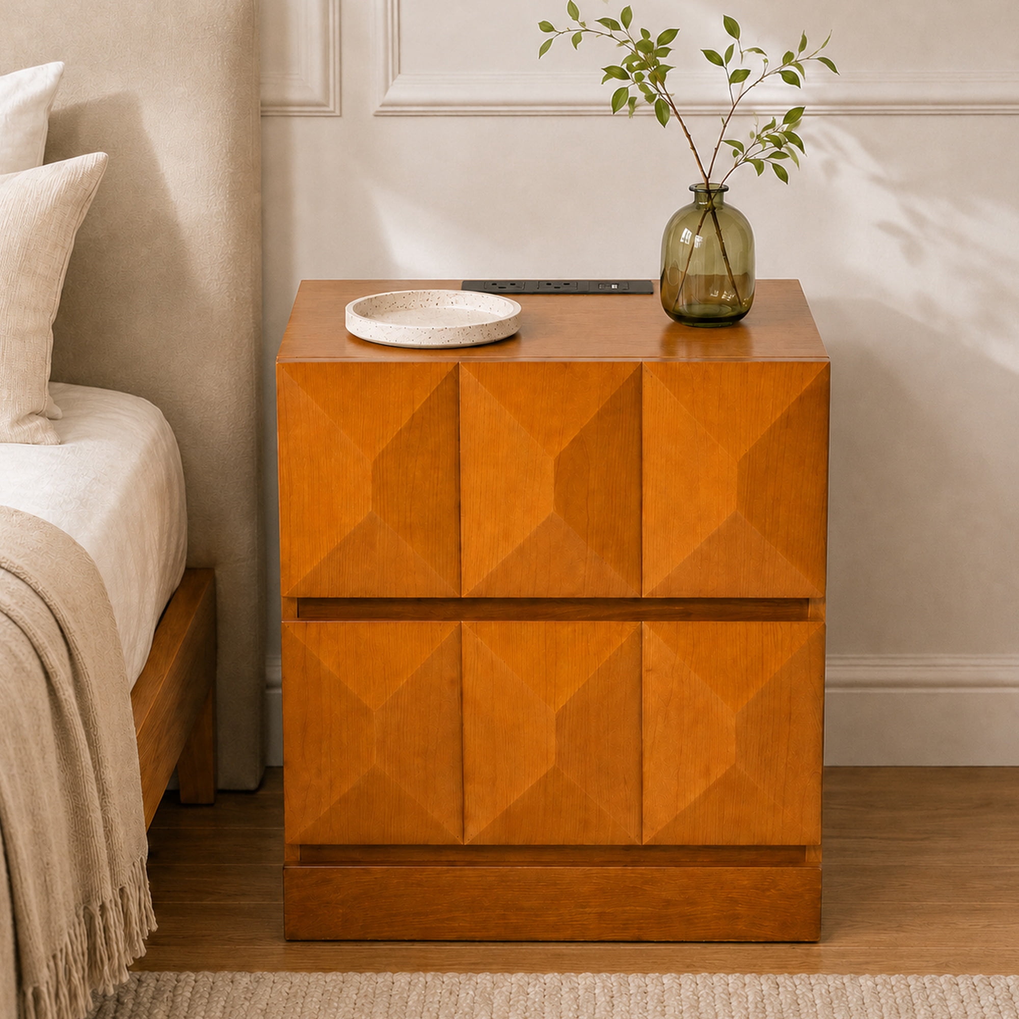 Leumius Modern Nightstand with Charging Station, 21.65" Wide Wood Bedside Table Storage Drawers, Large Mid Natural Wood Color End Table for Bedroom, Living Room