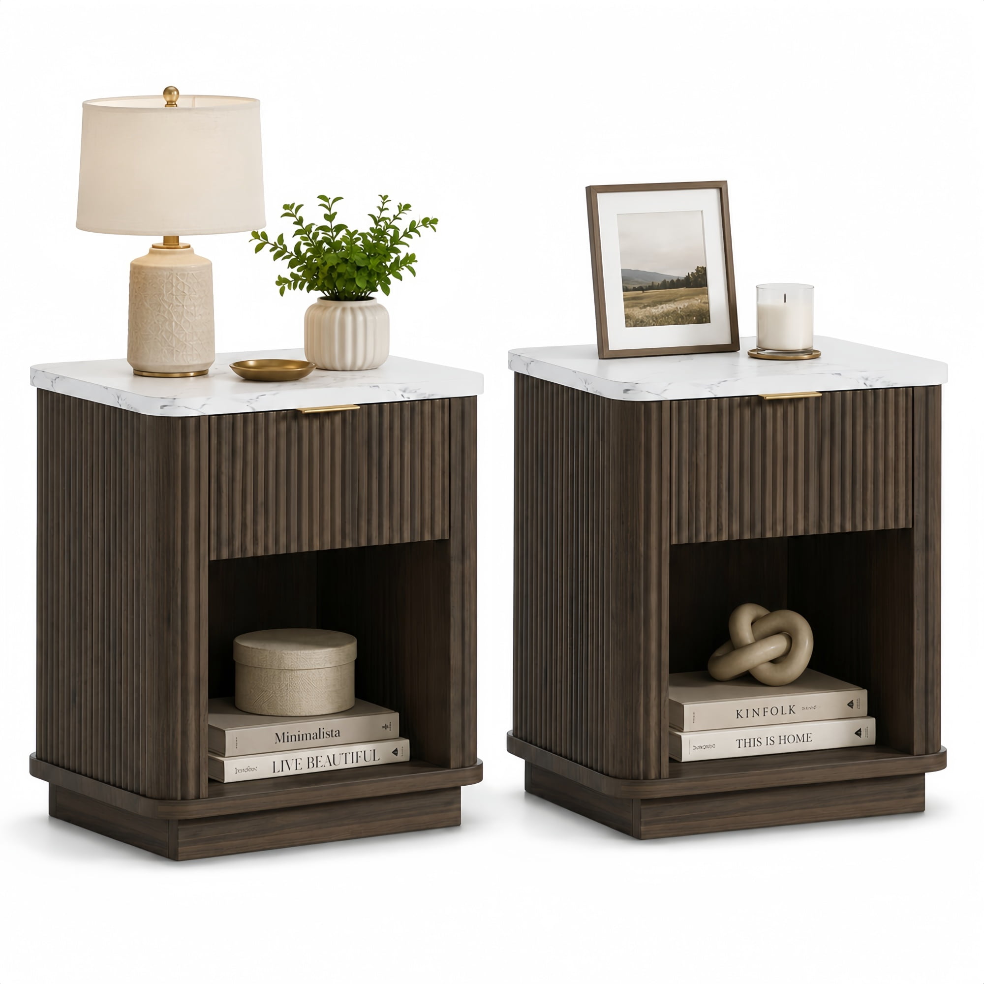 Leumius Modern Nightstands Set of 2 for Bedroom with Storage Drawer & Open Shelf,Gold-Tone Handle,Bedside Table End Table for Guest Room,Dorm,Walnut